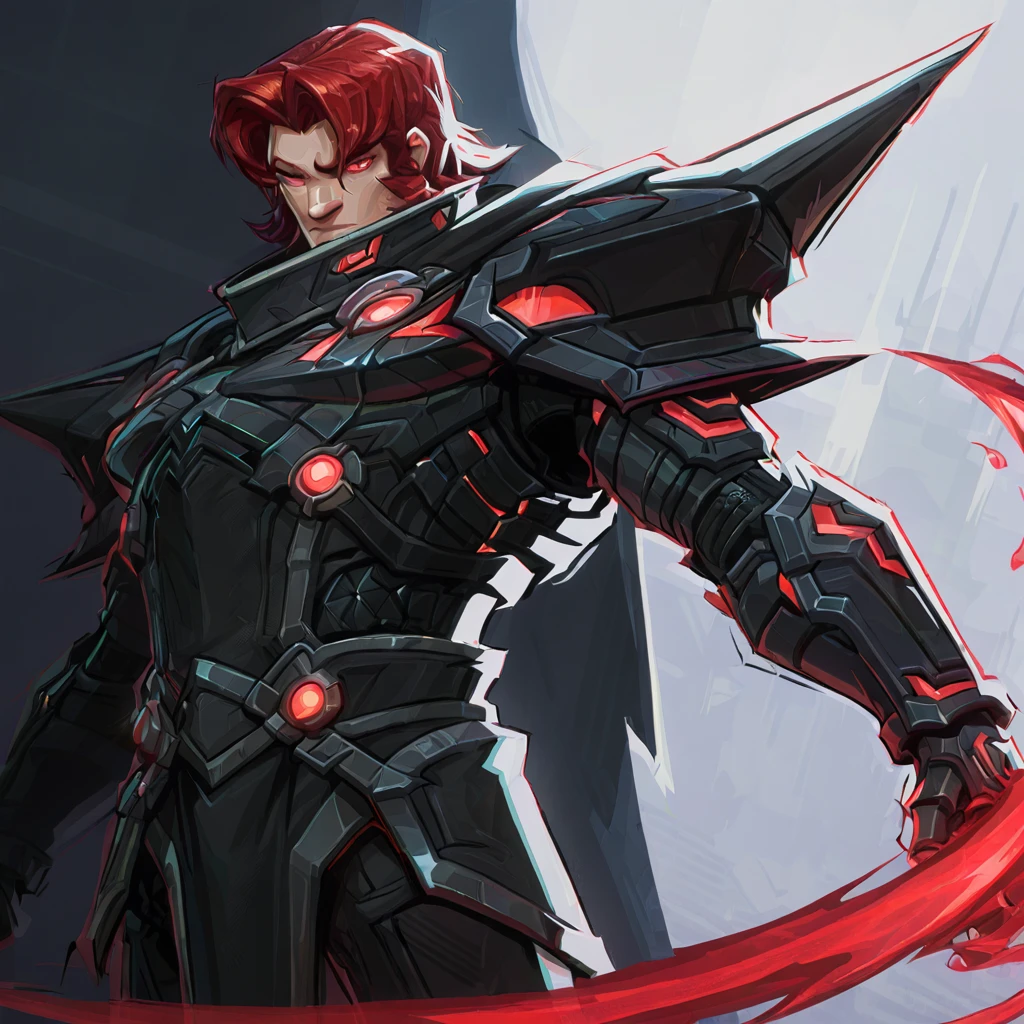 <lora:rivals:1>, mrvlrvls, 1boy, red hair, cowboy shot, red eyes, short hair, straight hair, black armor