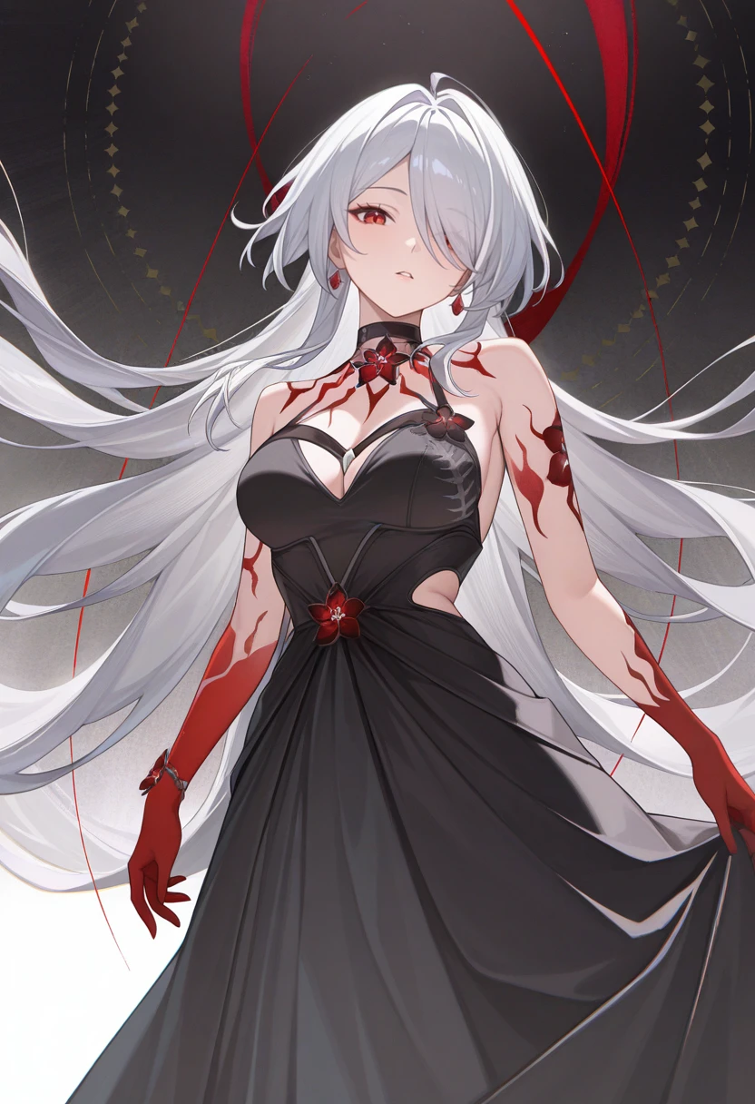 masterpiece, best quality, absurdres, highres, newest, 1girl, solo, <lora:acheron-hsr-richy-v1_ixl:1> acheronalt, white hair, long hair, hair over one eye, red eyes, body markings, gown, layered dress, black dress, embroidery, jewelry, looking at viewer, parted lips,