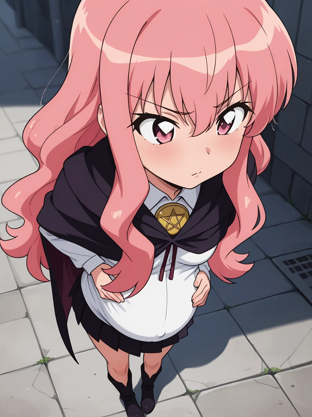 very aesthetic, high resolution, ultra-detailed, absurdres, newest, scenery, medium depth of field, rule of thirds, masterpiece-level, clean lines, sharp, focused subject, minimalistic composition, masterpiece, amazing quality, best quality, anime screencap, detailed face, detailed eyes, detailed outfit, face focus, 1girl, solo, Louise-Liver020, black cape. black long cape, pink hair, long hair, pink eyes, small breasts, white shirt, collar, gold collar, black skirt, mini skirt, black boots, long boots, louise francoise le blanc de la valliere, hair between eyes, red ribbon, red ribbon, gold collar, pentagram collar, grey background, pregnant, pregnant girl