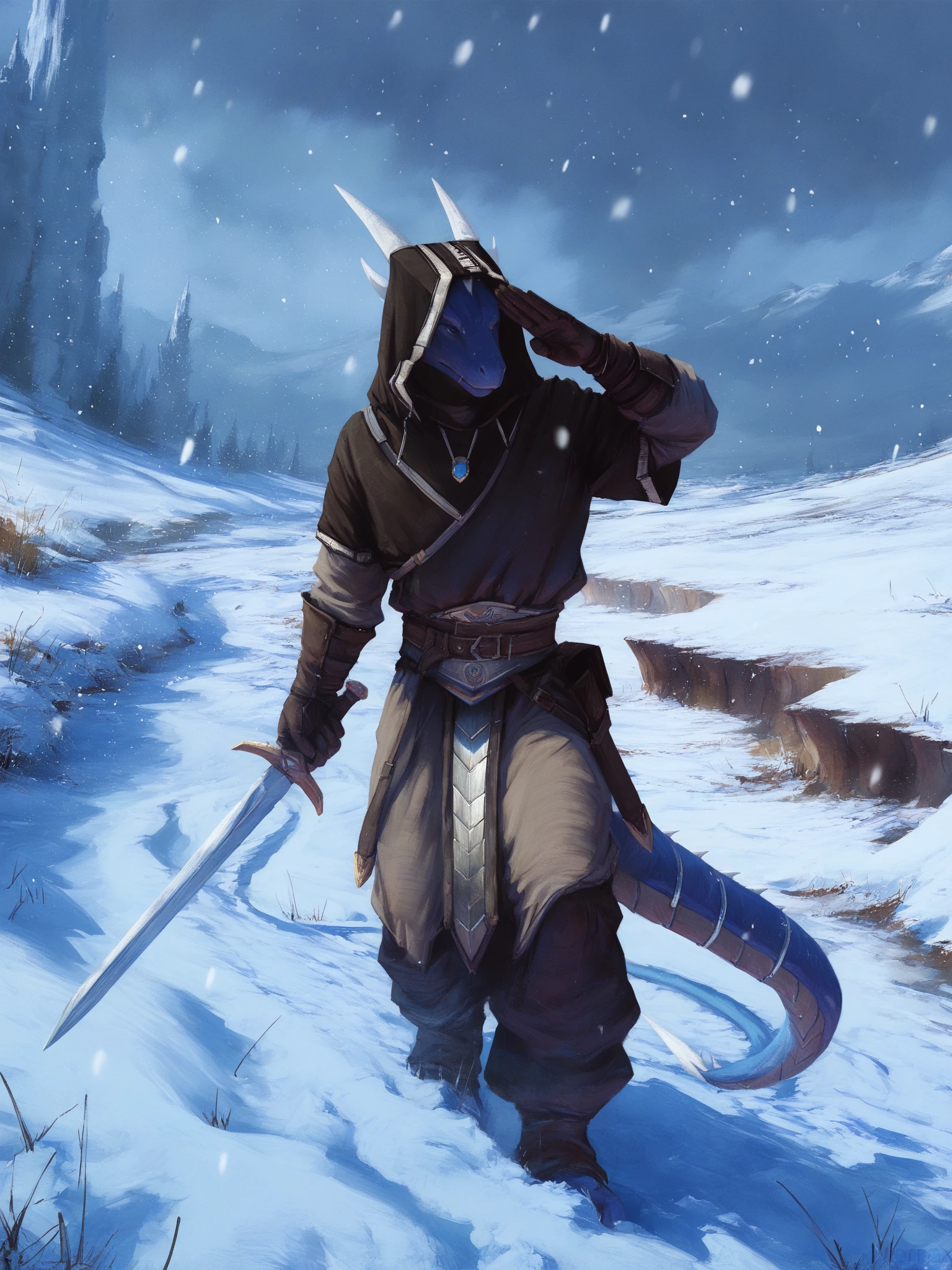 (masterpiece, best quality, very aesthetic, absurdres, artist:nomax, nomax) (oil painting \(medium\):1.3) (outdoors, snow, snowing:1.2)
1boy, solo, male, dragon, horns, muscular, clothed, armor, baggy clothes, hood up, jewelry, holding weapon, sword, landscape, salute, fog, gloves,
<lora:Nomax Style Ill V2:1>