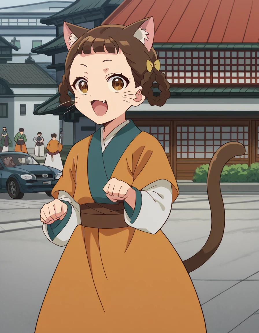 score_9, score_8_up, score_7_up, source_anime, <lora:kusuriya-xiaolan-s1-ponyxl-lora-nochekaiser:1>, xiaolan, bangs, brown hair, hair ornament, brown eyes, braid, hair rings,, japanese clothes, robe, orange robe, long sleeves, skirt, white skirt,, city, buildings, streets, cars, people, , <lora:paw-pose-ponyxl-lora-nochekaiser:1>, paw pose, cat ears, cat tail, animal ears, tail, cat girl, open mouth, fang, whiskers,, looking at viewer, solo,, cowboy shot, solo
