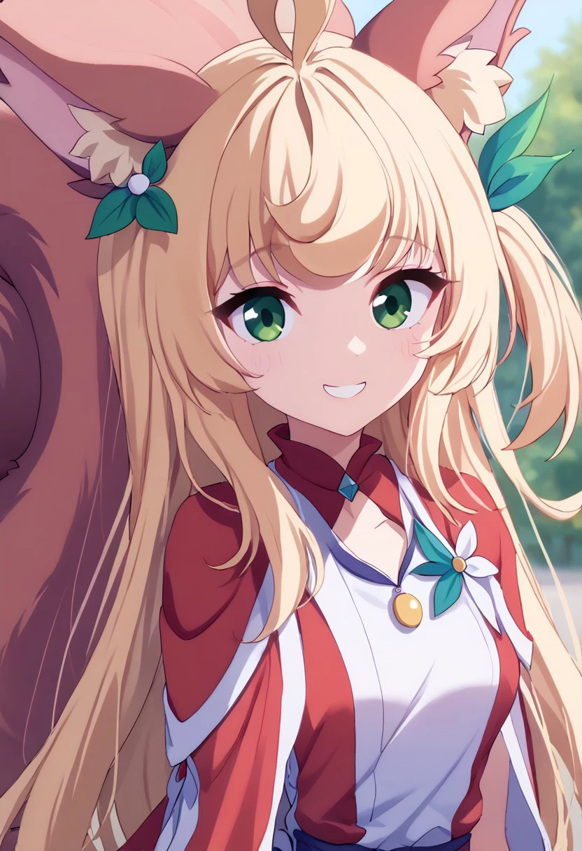 score_9, score_8_up, score_7_up, original aya, aya, 1girl, long_hair, animal_ears, blonde_hair, dress, fox_ears, bangs, green_eyes, original_dress, tail, squirrel tail, smile