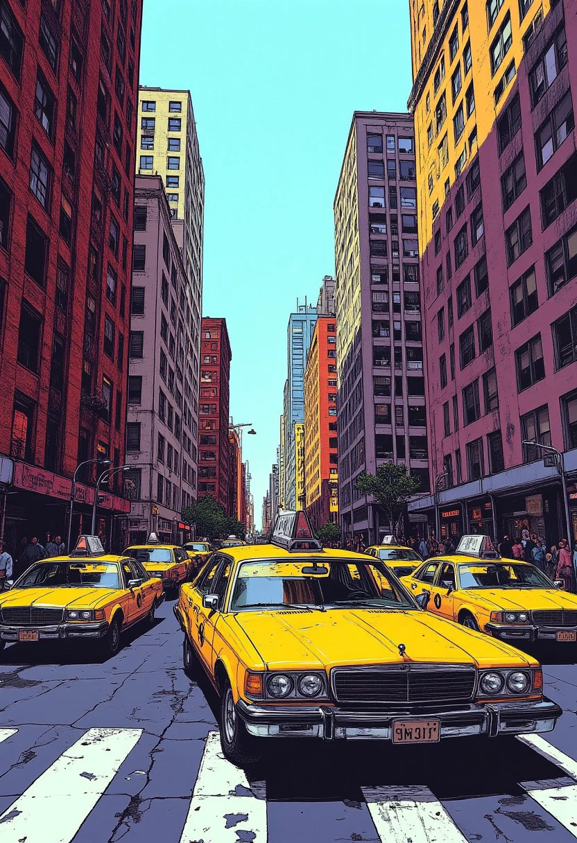 Comic book illustration of yellow cabs in new york