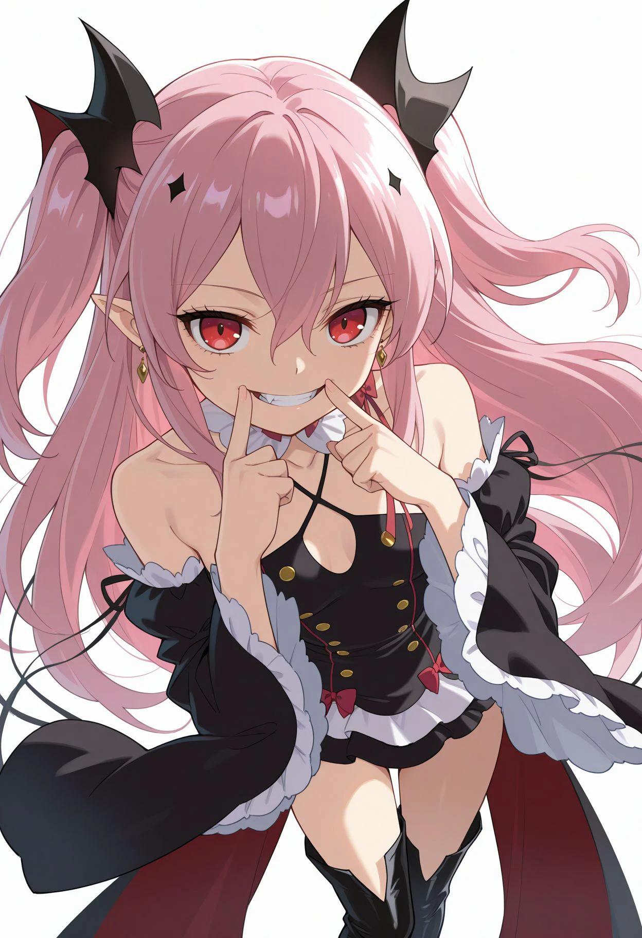 masterpiece, high score, great score, absurdres , looking at viewer,
<lora:Krul Tepes Illu :1> kkrul, 1girl, pink hair, pointy ears, red eyes, detached sleeves, black dress, two side up, bare shoulders, vampire, hair between eyes, thigh boots, black footwear, ribbon, thighhighs, small breasts, long sleeves, fang,
, closed mouth, collarbone, earrings, eyelashes, fingersmile, white background, grin, open mouth,