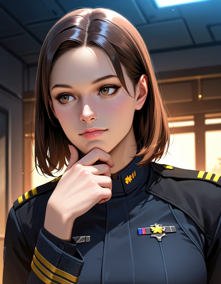 Masterpiece, high-res, 2k, best quality, realistic , mirandak woman , brown hair, black uniform<lora:MirandaK Illus-000045:1> Standing with one hand touching the chin looking thoughtful