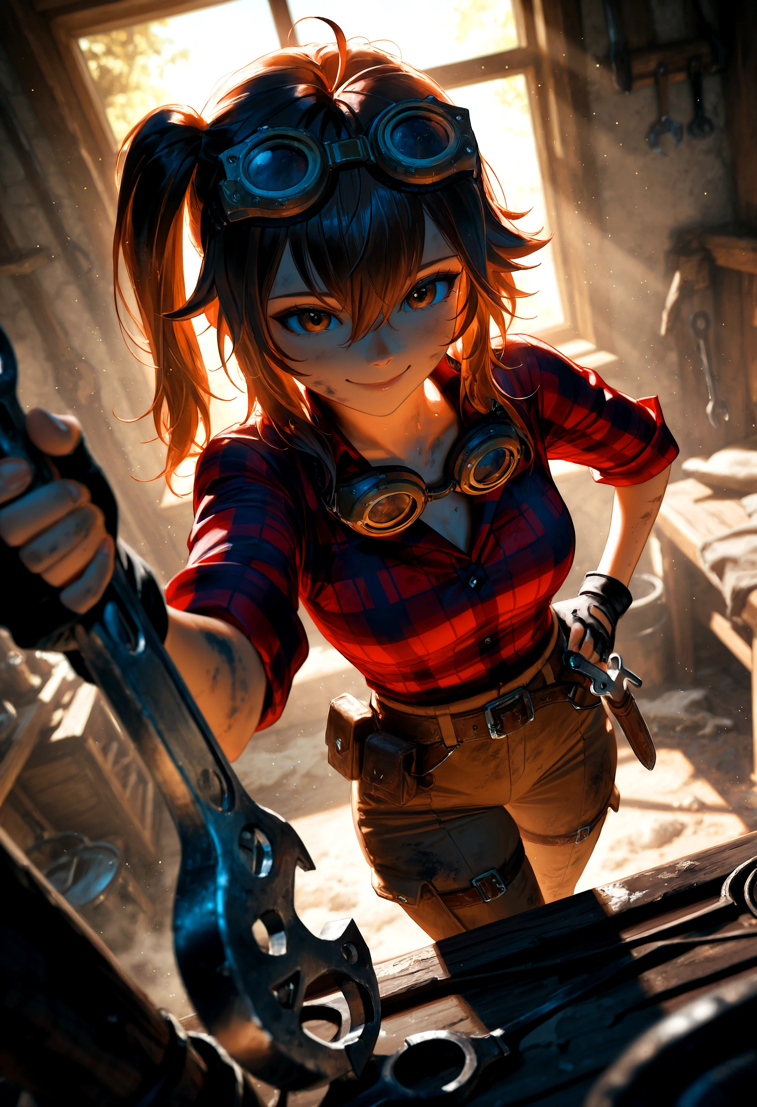 HDR, 8K, high contrast, masterpiece, best quality, amazing quality, very aesthetic, superabsurd res, high resolution, ultra-detailed, absurdres, newest, scenery, (horikoshi kouhei:0.3), (quasarcake:0.3), (wlop:0.3), light rays, chiaroscuro, dynamic angle, from above, dutch angle, fisheye lens, close up, 1girl, hhg_lucy, brown eyes, brown hair, long hair, side ponytail, ahoge, hair between eyes, bangs, medium breasts, thick thighs, smile, holding tool, wrench, goggles, red shirt, plaid shirt, sleeves rolled up, brown pants, belt, fingerless gloves, (colorful), dirty, inside, window, messy workshop, dimly lit, (dust), godrays, glowing, backlighting, partially illuminated, Intricately designed, Mysterious Shadows, BREAK, photorealistic, beautiful detailed eyes, detailed skin, detailed hair, volumetric lighting, dappled light, light particles, dramatic shadows, cinematic lighting, photo background, depth of field, <lora:ponyxl\cfg_scale_boost:0.8> <lora:IL\KMS_HHG_Lucy_IL-000005:0.8>