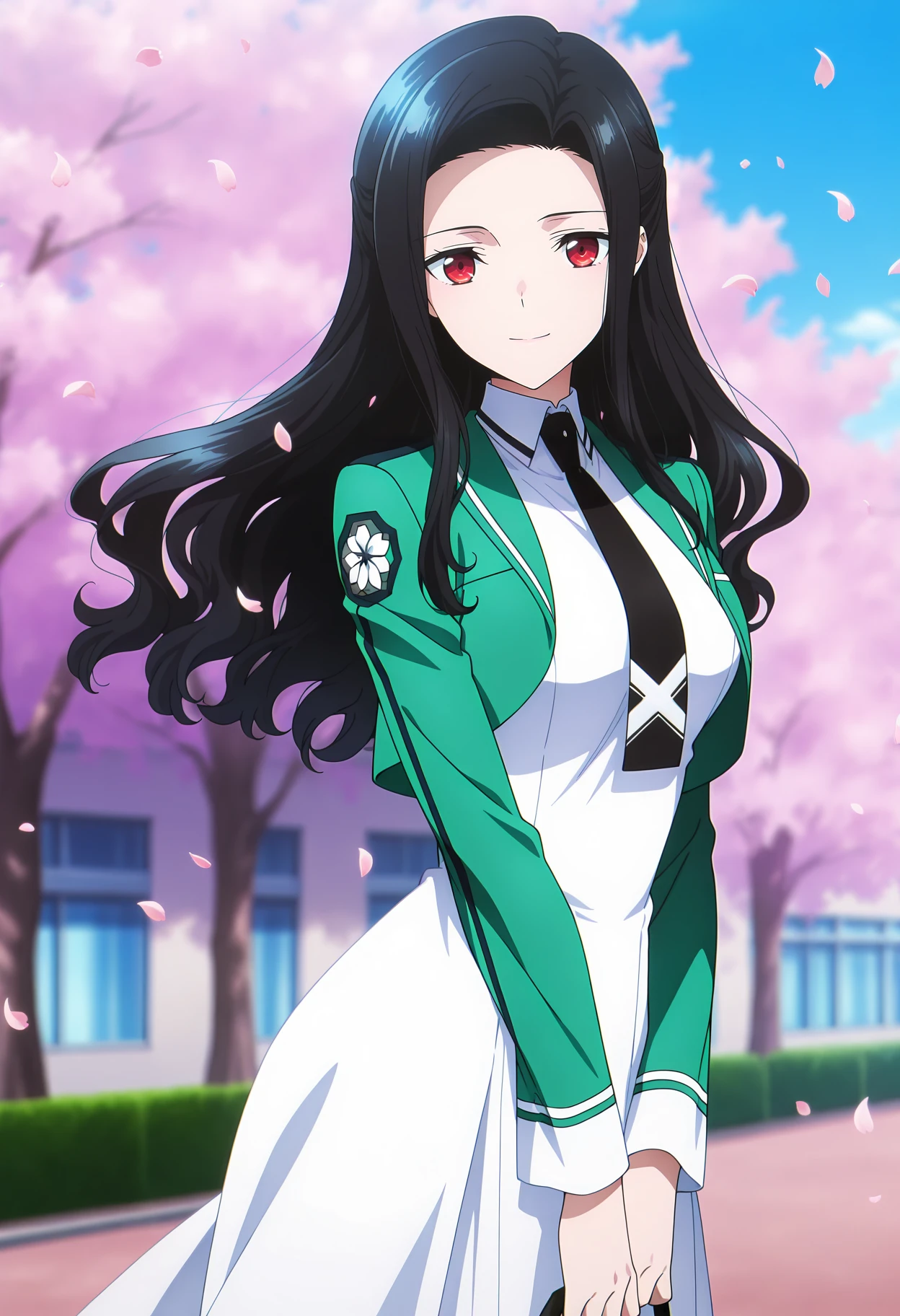 anime screencap, masterpiece, best quality,
<lora:MahoukaKoukouNoRettousei_SaegusaMayumi_IlluXL:0.9>
1girl, solo, closed mouth, smile,
long hair, black hair, hair intakes, forehead, red eyes,
SaegusaSchool, cropped jacket, green jacket, collared dress, long dress, white dress, black necktie, long sleeves,
looking at viewer, cowboy shot,
outdoors, cherry blossoms, falling petals, school, science fiction, blurry background