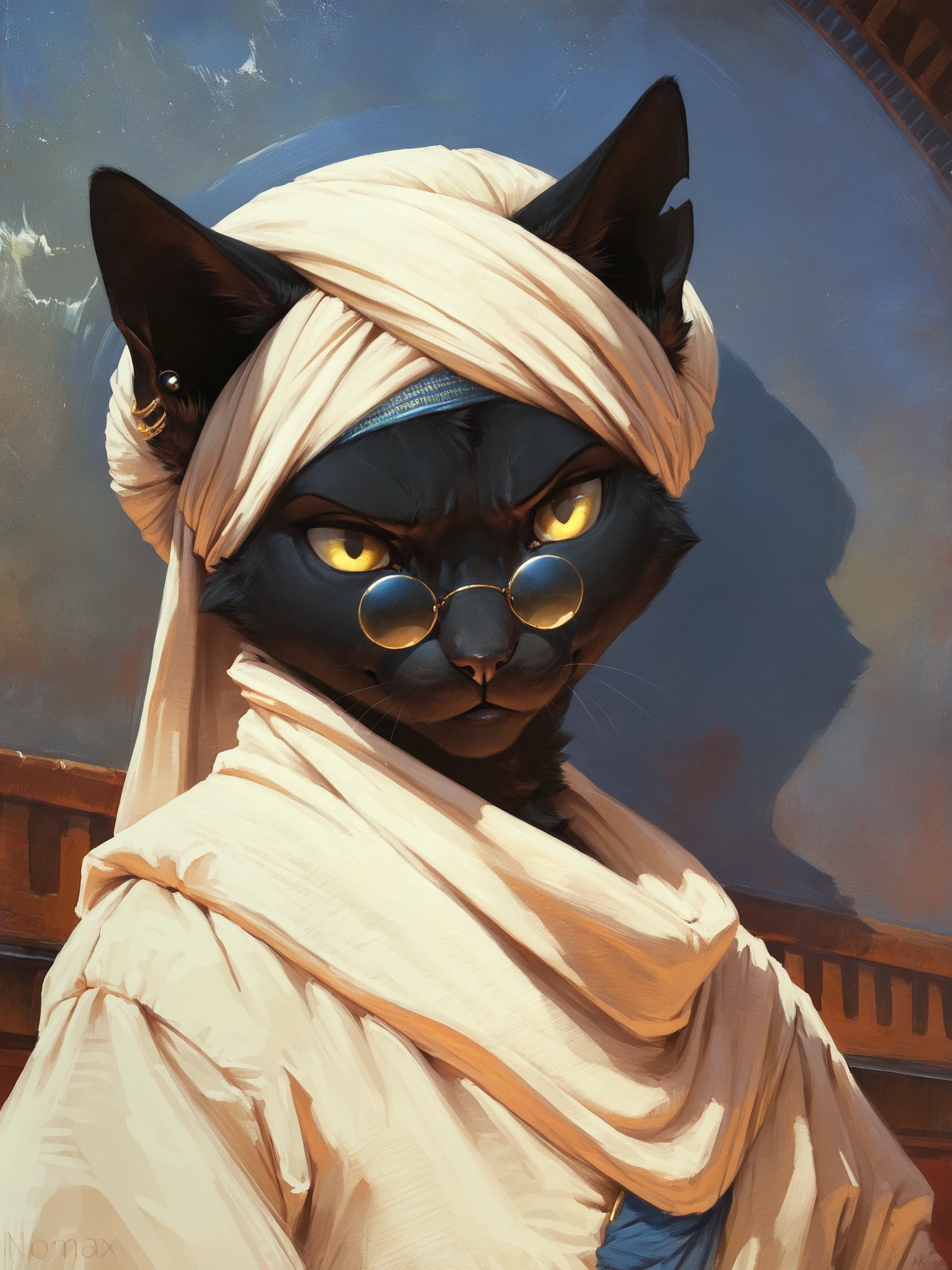 (masterpiece, best quality, very aesthetic, absurdres, artist:nomax) (shaded, oil painting \(medium\))
1boy, headshot portrait, pince-nez, eyewear, turban, baggy clothes, anthro, furry, black fur, feline, domestic cat, yellow eyes, ear piercing, notched ear <lora:Nomax Style Ill V2:1>