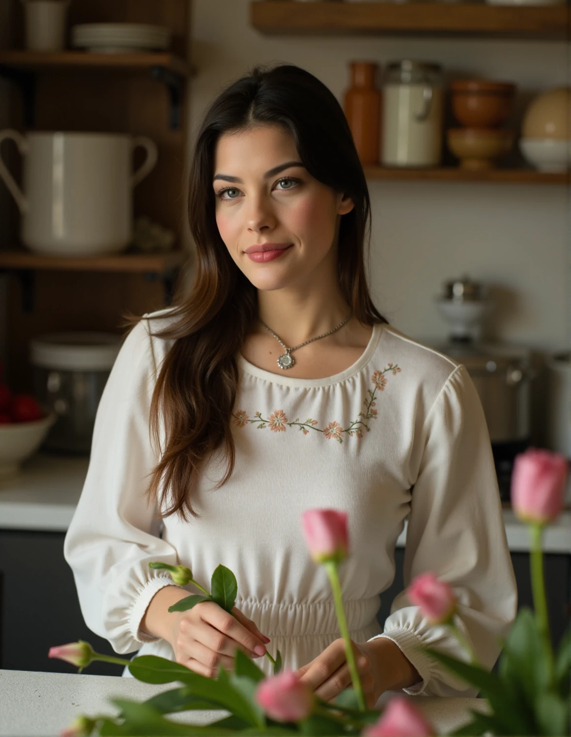 a beautiful detailed high resolution photo of A woman wearing a traditional modest dress with subtle embroidery, arranging fresh flowers in a rustic countryside kitchen, framed in a medium shot, pausing to face the camera with a soft smile. <lora:Person_LivTyler90sFLUX:1>