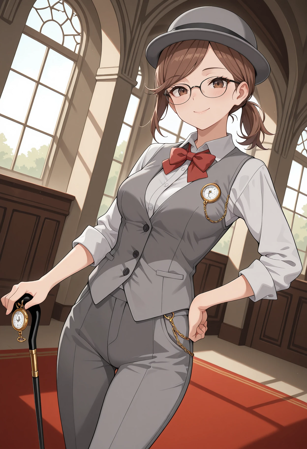 masterpiece, best quality, amazing quality, 1girl, solo,
<lora:Daia_My_Dress_up_Darling_IL_V1:1>, KJOdaia, brown hair, brown eyes, medium hair, swept bangs,
ponytail, glasses, bowler hat, gray hat, white collared shirt, red bowtie, gray vest, gray shirt, gray pants, pocket watch, black footwear, cane, holding cane, indoors, mansion, dutch angle, hand on hip, smile,
(Beautiful, medium Breasts:1.2),