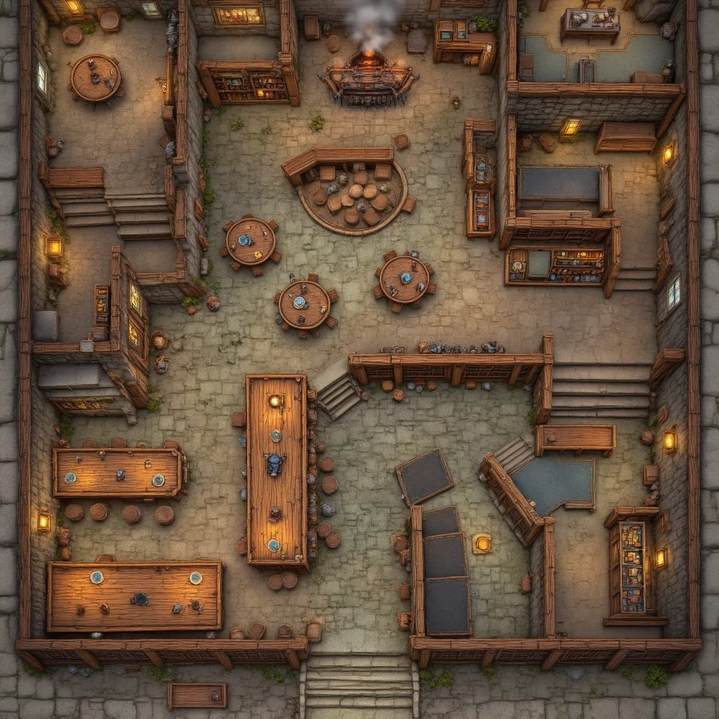 Top-down view of a detailed, multi-level tavern interior, depicted with a 3D-rendered feel reminiscent of a video game map. The tavern has two main floors connected by wooden stairs. The walls consist of a mix of stone and timber framing with visible wooden beams. The floors are a combination of wooden planks and stone tiles. The ground floor features a long wooden bar with stools, several round tables with chairs, and rectangular tables with benches, all with plates, tankards, and bottles. A prominent fireplace is present on one side. The upper floor includes several bedrooms with beds, storage areas with barrels, and various pieces of furniture such as dressers and shelves. There are numerous barrels throughout the tavern, suggesting a storage or brewing theme. Lighting is provided by various light sources, including wall-mounted lanterns, which casts soft, warm light and shadows on the scene. The color palette is primarily warm browns, beiges, and grays, with the golden glow of candlelight. The style emphasizes the textures of the wood and stone, with detailed rendering of all furniture and objects. The perspective is isometric, showcasing the overall layout and design of the tavern. Smoke is emitting from the fireplace, adding a sense of life and activity.