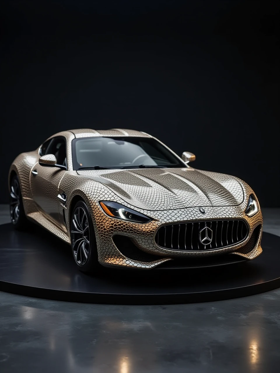 This is a surrealistic art photography photo of a magical car with a metallic snake texture exterior, this car is displayed on a stand and it looks very noble and special.
snake.