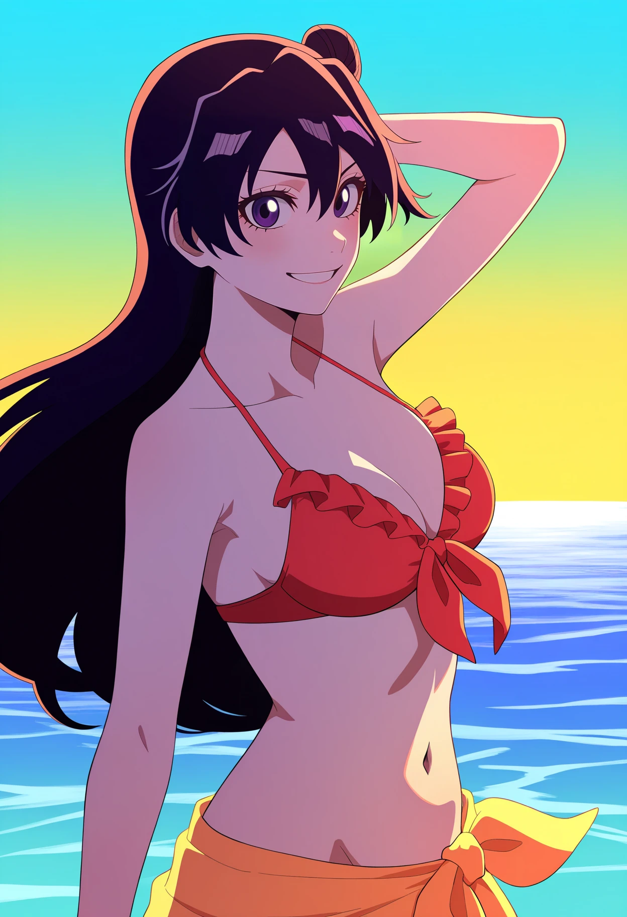 (masutepiece, Best Quality, High resolution:1.5, anime colours, megami magazine:1.2, anime poster style, anime keyvisual, sharp, 8k, photorealistic), (beautiful detailed eyes:1.5, beautiful detailed face:1.2), madoka ayukawa, 1girl, blush, (black hair, Long Hair), (sagging large breasts), (red bikini), upper body, (Perfect detailed Anatomy, beautiful detailed hair, beautiful detailed body:1.2, shiny skin), (thick outline, Beautiful outlines, black outlines), simple background