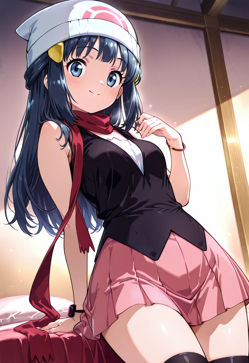 masterpiece, best quality, medium breasts, (curvy), BREAK, zzDawn, blue hair, blue eyes, sidelocks, long hair, bare shoulders, beanie, black shirt, black socks, bracelet, hat, jewelry, kneehighs, miniskirt, pink skirt, red scarf, scarf, shirt, skirt, sleeveless, sleeveless shirt, white headwear, <lora:DawnPokemonIXL_e07:1.0>smile, looking at viewer, cowboy shot, <lora:Style56_IXL:1.0>,