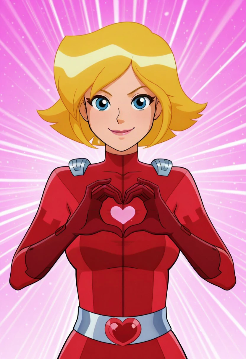 masterpiece, best quality, good quality, 1girl, solo, cartoon, totally_spies_2k24, cl0ver, blonde hair, blue eyes, red bodysuit, sexy, big breasts, beautiful, detailed, high detailed, very beautiful, detailed face, detailed eyes, detailed hand, abstract background, neon, smile, happy, heart hands, looking at viewer, face focus