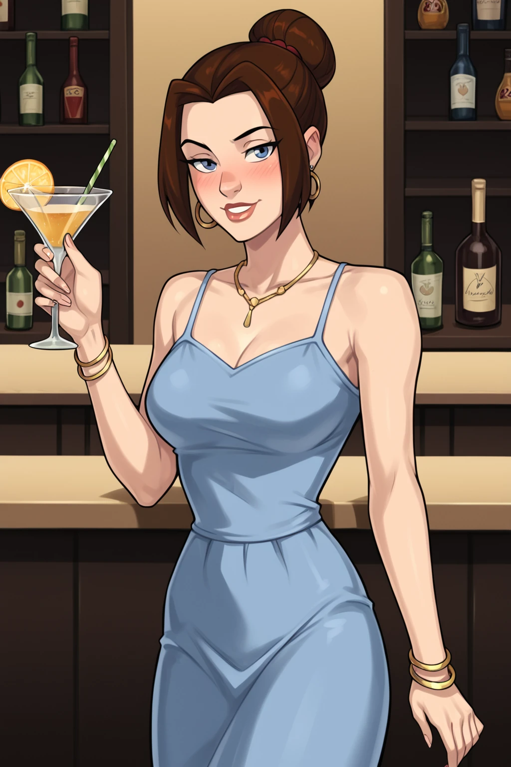 PonyXLV6_Scores BREAK ((parody), perfect anatomy, perfect eyes) <lora:add_details_xl:0.8> BREAK <lora:Shadowcat_-_X-Men_Evolution:0.8> kitty pryde, brown hair, blue eyes, flirting, raised eyebrow, blush, drunk, ((looking at viewer)), hair bun, jewelry, earrings, necklace, formal, bare shoulders, blue camisole, bracelet, blue skirt, long skirt, curvy, toned, athletic, sexually suggestive pose, standing at bar, luxurious bar, holding a cocktail