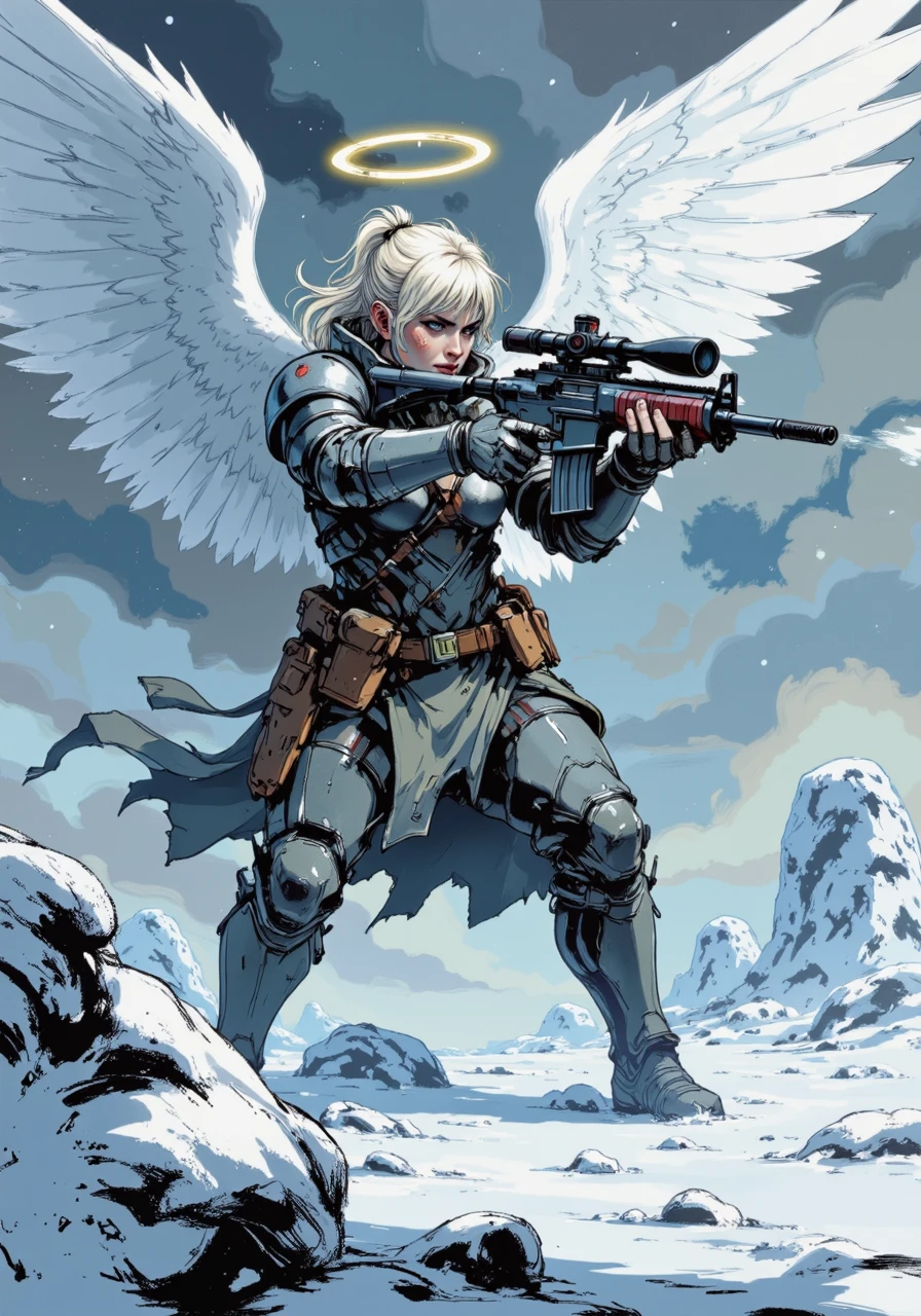 in the style of ck-mgs,, an angel with a halo over her head and large white feather wings a frozen wasteland defense featuring an angel with pale, freckled skin and long white-blonde hair tied into a tight braid, wearing battered silver armor layered over a blue gambeson, standing amidst a field of icy ruins; she aims a glowing assault rifle at an oncoming wave of shadowy creatures that emerge from the swirling snowstorm; her expansive wings shimmer faintly with frost, and her golden halo shines brightly against the overcast sky; the shattered remnants of celestial statues lie half-buried in the snow around her, their glowing fragments adding a mystical light to the harsh, frozen landscape<lora:Halo Angels improved_divine protector.safetensors:1.0:1.0> <lora:ck-MetalGearSolid-000019.safetensors:1:1>