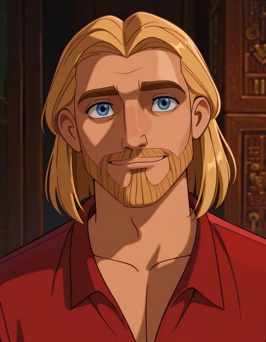 <lora:ChelIllustrious1.0JLFO-000005:1.0>,1boy, blonde hair, red shirt, beard, looking at viewer,