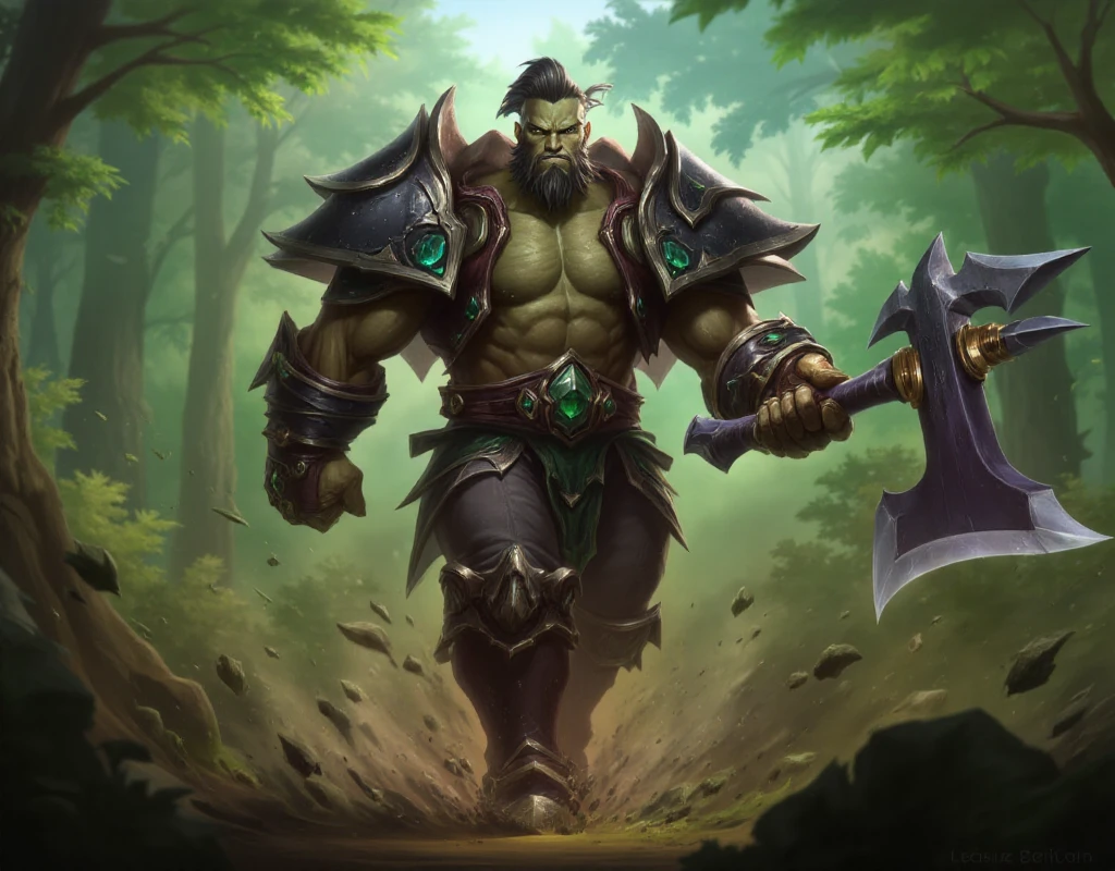 <lora:League of legends Artwork Style:0.9> league legends artwork, style. a muscular ork with shoulderpads and holding an huge axe in a forest
