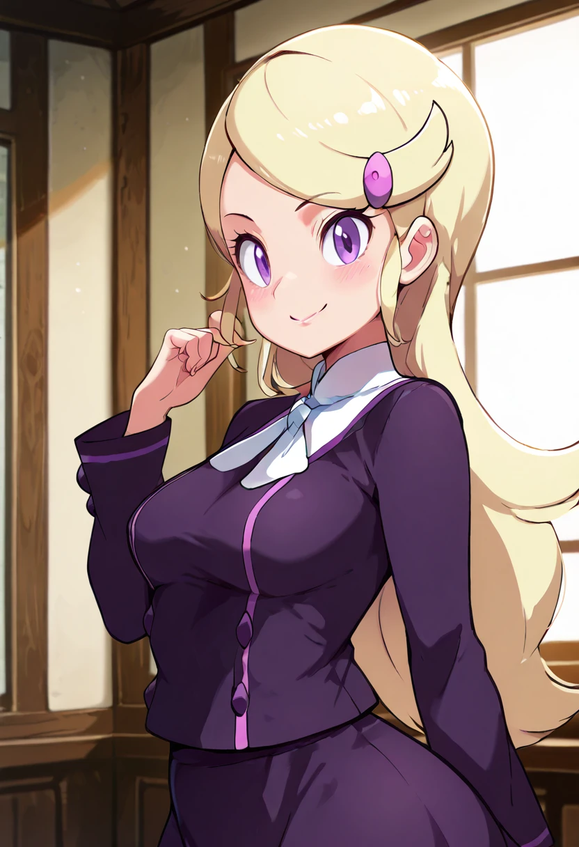 masterpiece, best quality, solo, curvy, beautiful eyes, zzAceXY, purple eyes, blonde hair, long hair, swept bangs, hair ornament, hairclip, long sleeves, purple skirt, purple shirt, , <lora:AceTrainerPokemonXY_IXL:1.0>,upper body, side view, smile, looking at viewer, shiny skin,<lora:DiivesIXL:1.0>,