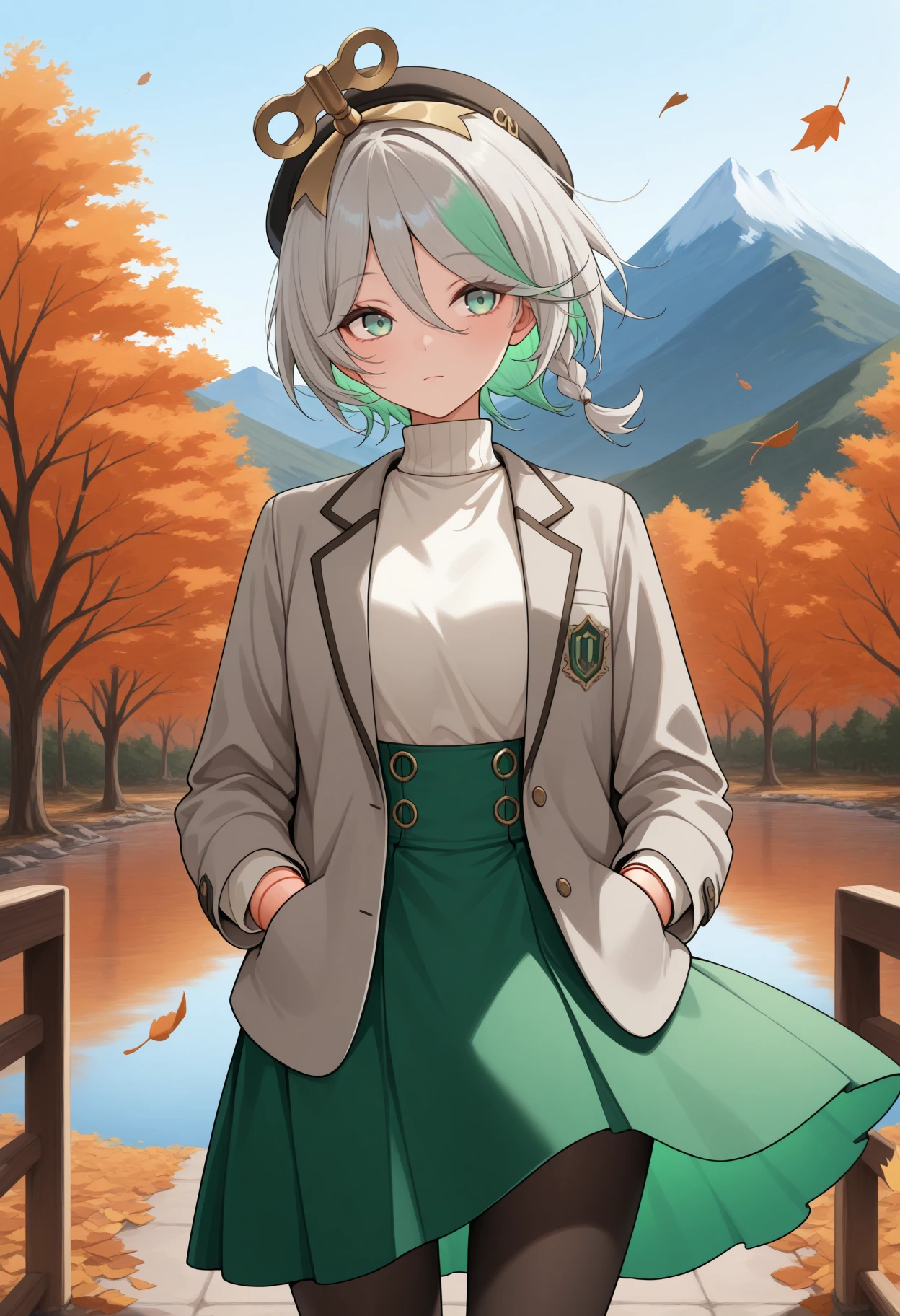 masterpiece, best quality, 1girl, solo, Cec1l1a, green eyes, winding key hair ornament, doll joints, grey hair, colored inner hair, streaked hair, short hair, side braid, black beret, grey blazer, white turtleneck, high-waist skirt, green skirt, pantyhose, hands in pocket, outdoors, autumn, lake, tree, mountain, falling leaves, wind, <lora:ChamCeciliaImmergreenV2IllustriousXL:1>
