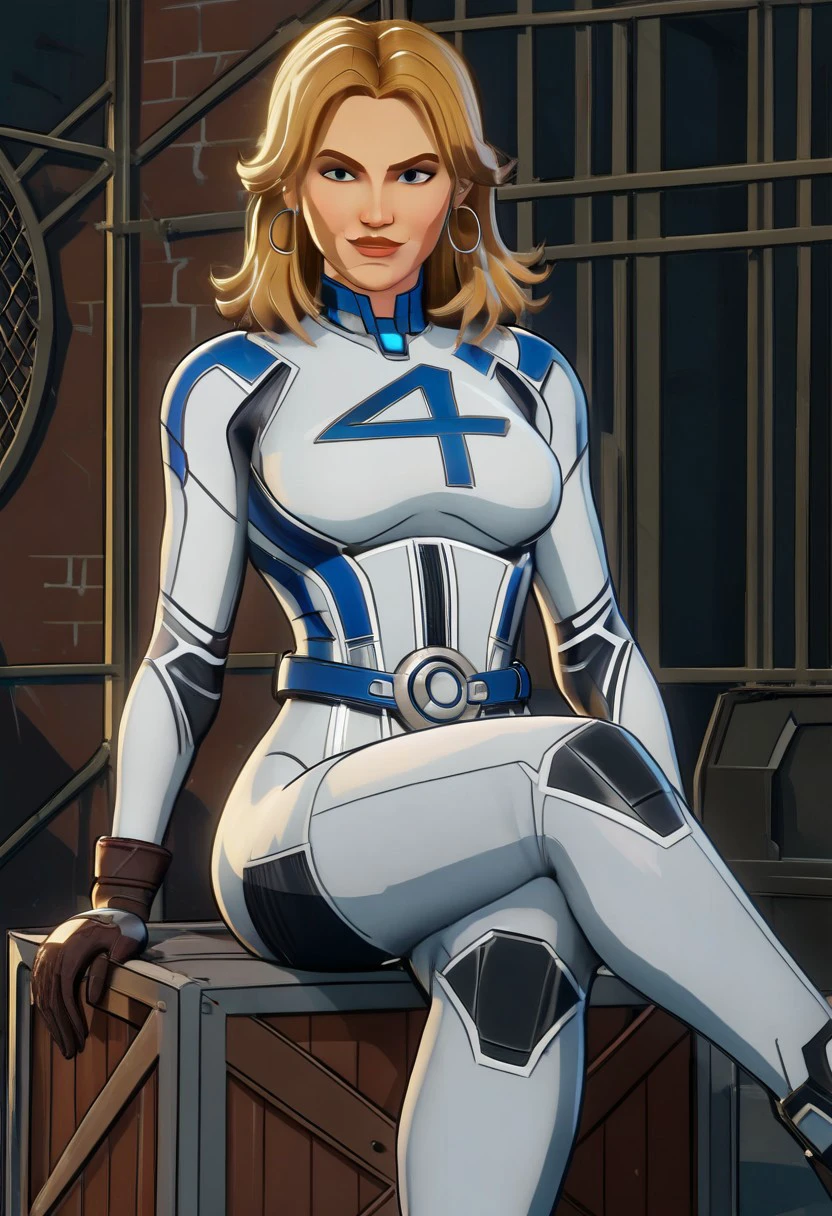 (Marvel What If, 3d, High Detail, High Definition),
(susanSDXL,1girl,blue eyes,blonde hair,large breasts,gloves,jewelry,earrings,belt,medium hair,lips,bodysuit,hoop earrings,white bodysuit),
(Sitting, Legs Crossed, Smug, Smirking),
(Crate, Chainlink Fence, Alley Background)