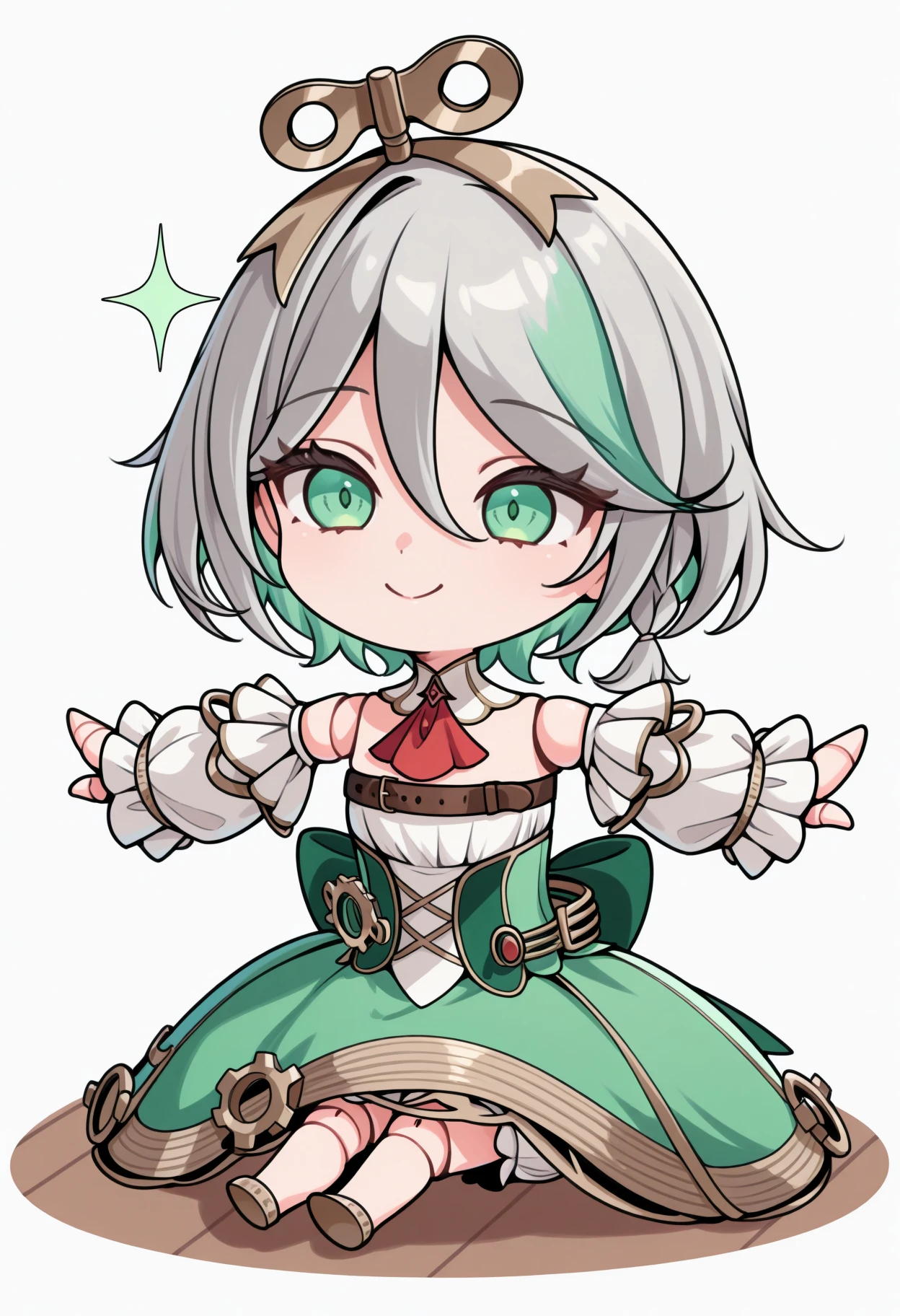 masterpiece, best quality, 1girl, solo, Cec1l1aDef, green eyes, winding key hair ornament, doll joints, grey hair, colored inner hair, streaked hair, short hair, side braid, detached collar, red ascot, strapless dress, detached sleeves, chest belt, green corset, gears, green skirt, bloomers, white shorts under skirt, gold trim, sitting, on floor, smile, sparkles, spread arms, chibi, meme, thick lines, simple background, white background, <lora:ChamCeciliaImmergreenV2IllustriousXL:1>