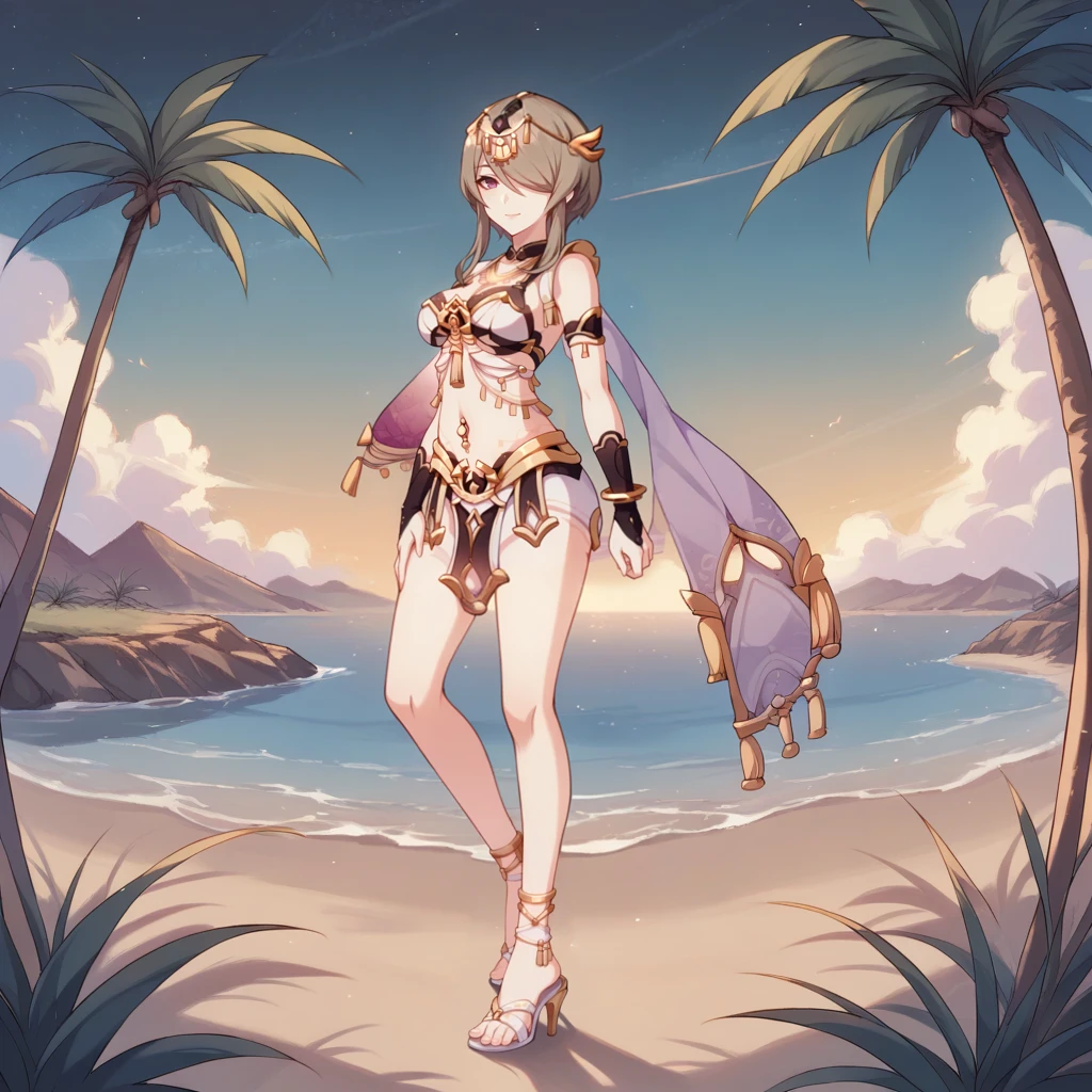 score_9_up, score_8_up, score_7_up, source_anime, 1girl, solo, detailed background, day, sun, sky, clouds,                                                                                                                                       
starry sky, desert, oasis, lotuses, pink lotus, shadow, standing, shallow water, looking at viewer, under palm tree, high heel sandals, feet, seductive smile, closed mouth, posing, hand on thigh, rita rossweisse, brown hair, short hair with long locks, purple eyes, hair over one eye, Rita, Ri_Egp, short hair with long locks, circlet, alternate necklace, microskirt, egyptian clothes, navel piercing, black bridal gauntlets, armlet, gold bracelet, black collar, white bikini, dancer outfit, alt jewelry,