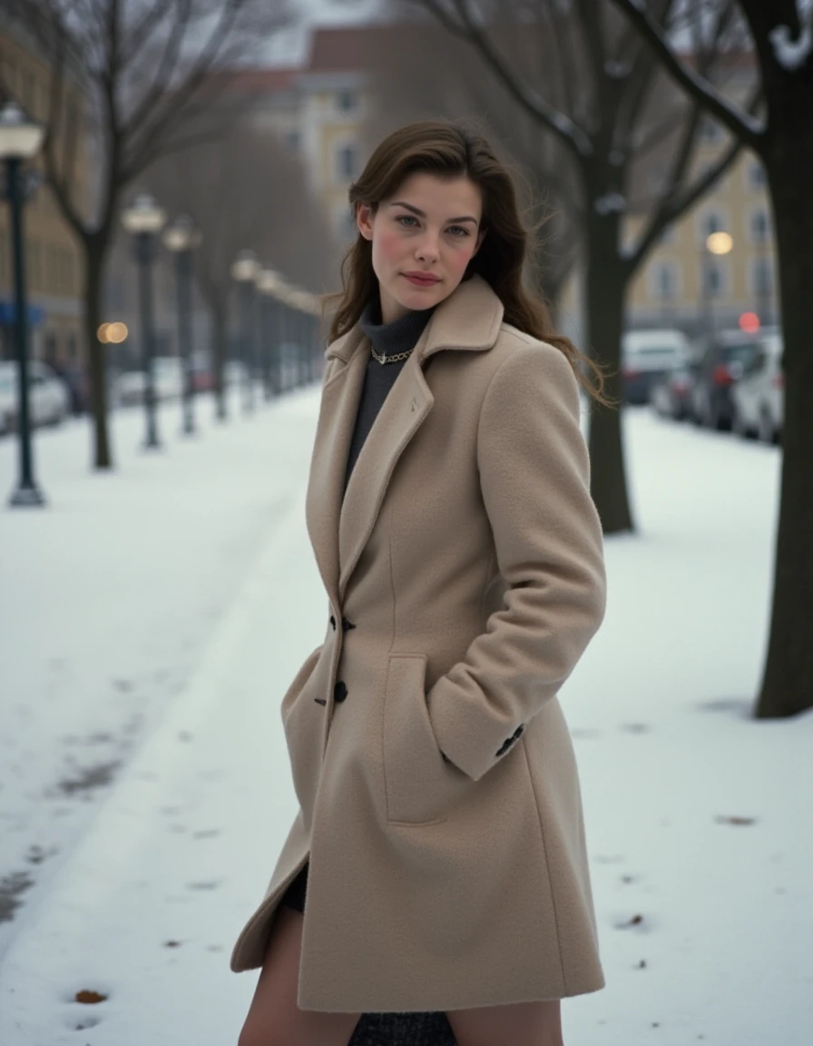 a high resolution photo, A modestly dressed woman in a soft wool coat and ankle-length skirt, walking through a peaceful city park during a light snowfall, captured in a three-quarter shot, facing the camera with a gentle expression. <lora:Person_LivTyler90sFLUX:1>