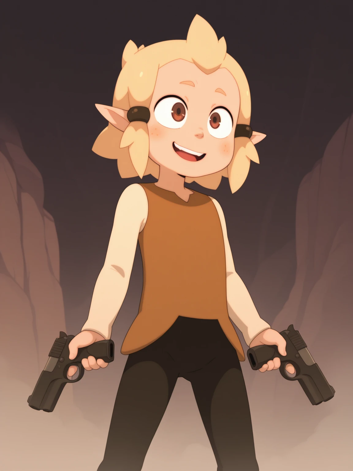 masterpiece,best quality,amazing quality, 1boy, solo, <lora:IlluFlopin:1> illuflopin, pointy ears, blonde hair, short hair, hair ornament, hair tubes, brown eyes, long sleeves, pants, smile, open mouth, holding weapon, trigger discipline, handgun, dual wielding,