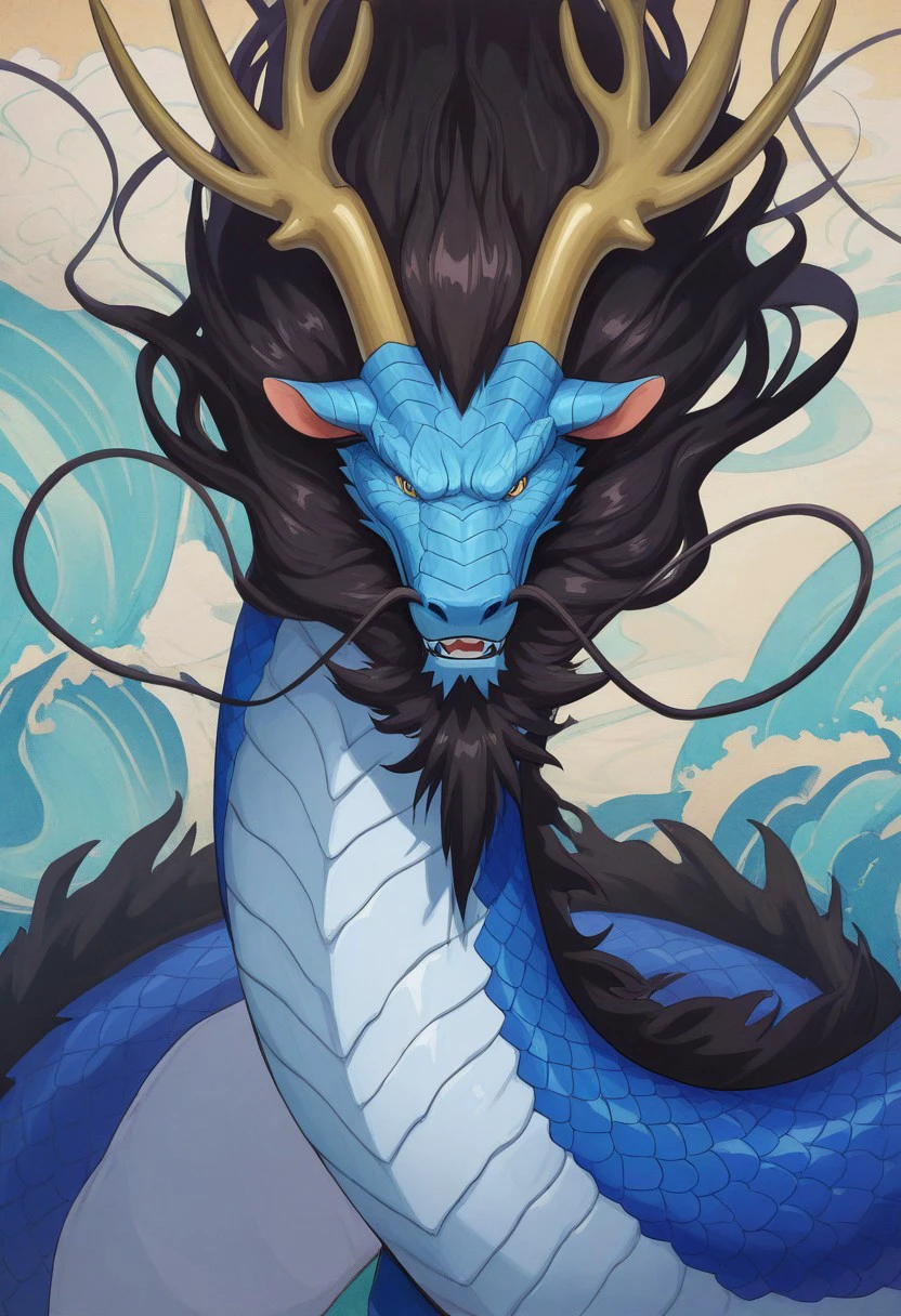 masterpiece, best quality, newest, absurdres, highres, anime, anime style, Lung-Easter-Dragon-IL-V1.0, Dragon, Eastern Dragon, blue scales, kaidou_(one_piece), horns, black hair, beard, blue dragon, no humans