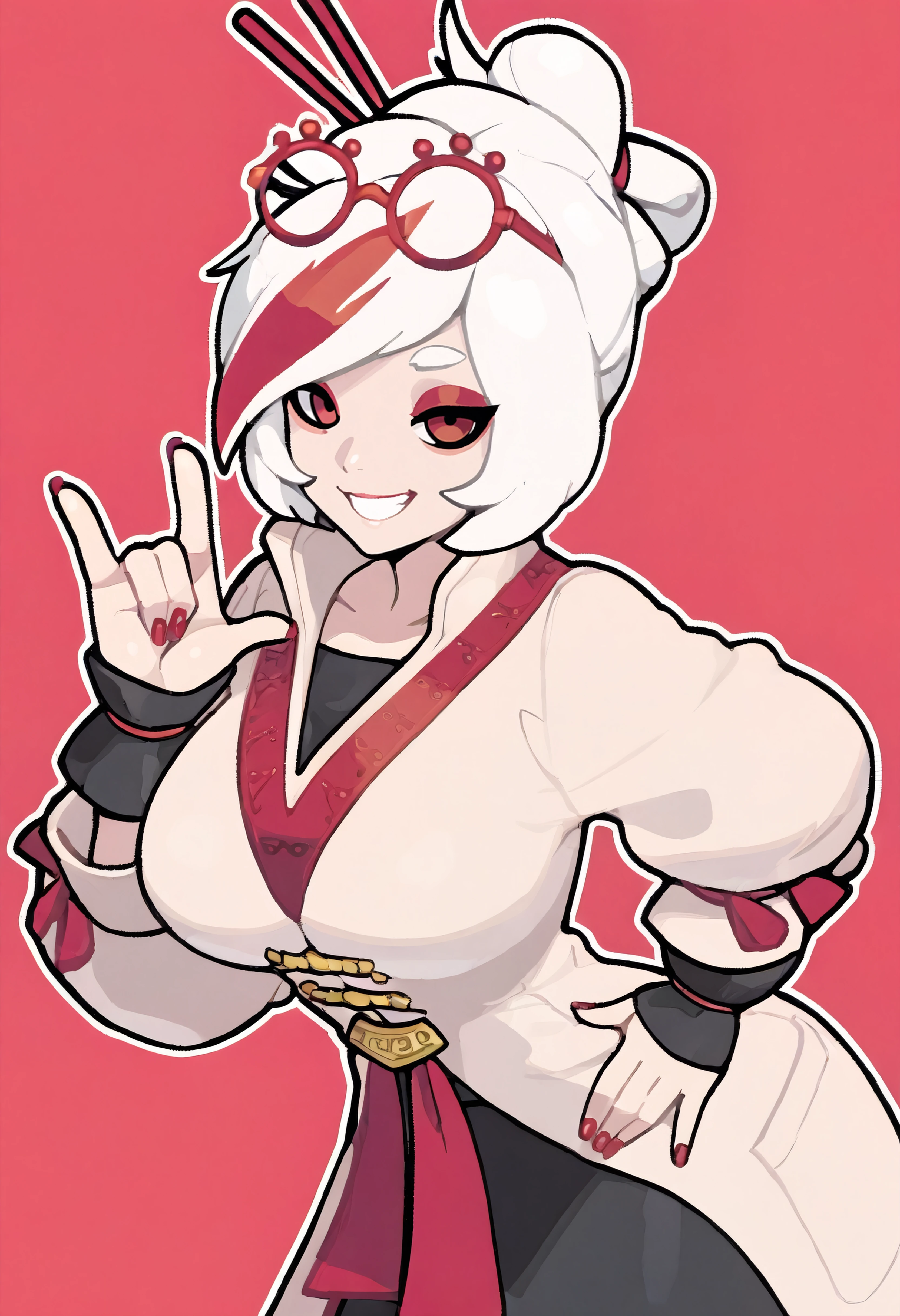 masterpiece, best quality, absurdres, simple background,1girl,prhacn11, red-framed glasses, eyewear on head, red eyes, white hair, streaked hair, white coat, black shirt, black skirt, red trim, black cuffs, hair sticks,grin, \\m/, outline,red nails <lora:adnyc_n11:1> <lora:prhac_n11:0.8>