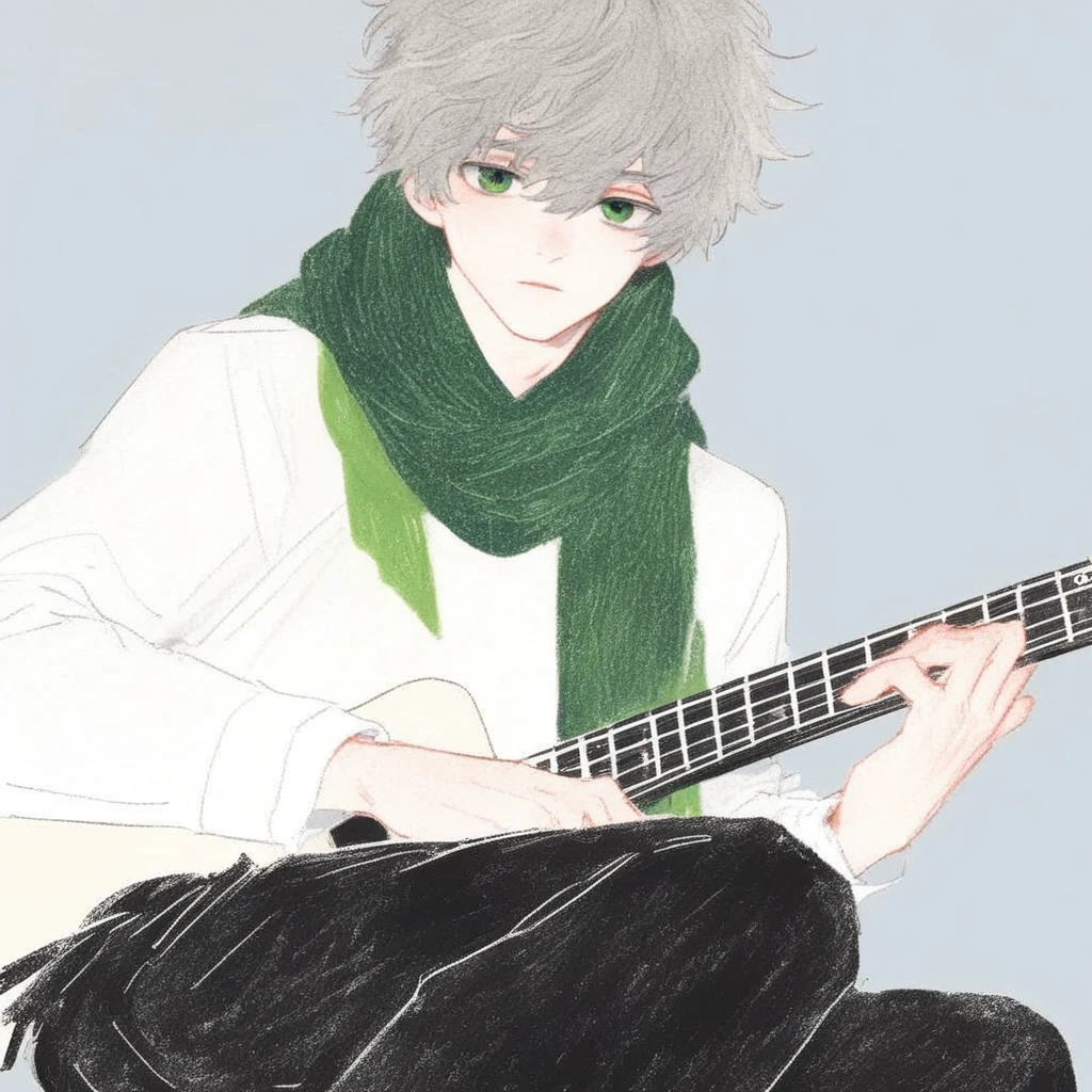 hu99y, 1boy, solo, bangs, grey hair, cowboy shot, playing guitar, white shirt, green scarf, black pant, white backgound, green eyes,
