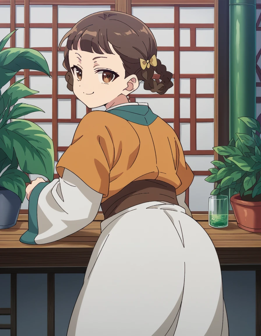 score_9, score_8_up, score_7_up, source_anime, <lora:kusuriya-xiaolan-s1-ponyxl-lora-nochekaiser:1>, xiaolan, bangs, brown hair, hair ornament, brown eyes, braid, hair rings,, japanese clothes, robe, orange robe, long sleeves, skirt, white skirt,, conservatory, plants, glass roof, sunlight, greenery, , bent over, smug,, looking at viewer, solo,, cowboy shot, solo