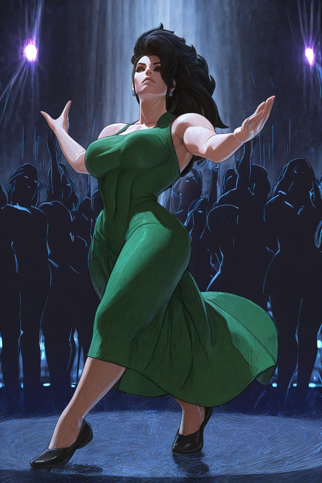 masterpiece, good quality, best quality, very awa, very as2, absurdres, highres, realistic
<lora:Pure OnyxilluLoRA:1>onyx, black long hair, black hair pulled back, iroquois, braids, sidecut, earrings, green dress, dancing, disco, disco ball, full body, crowd of people, at night, dark, neon spotlight, dappled sunlight