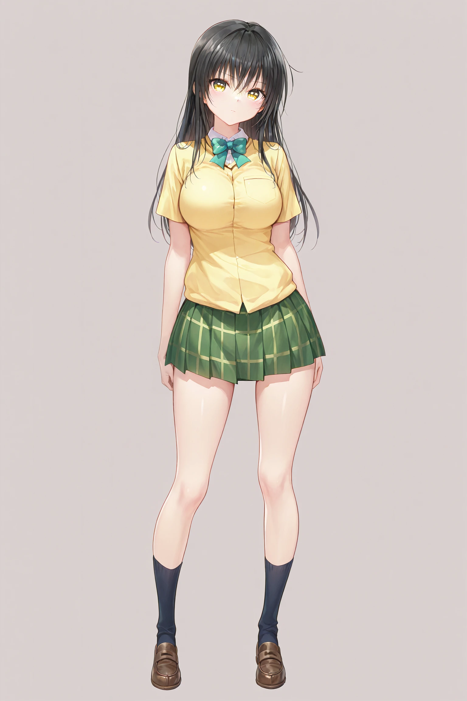 1girl,solo,black hair,yellow eyes,long hair,large breasts,kotegawa yui,
bowtie,sainan high school uniform,yellow shirt,pleated skirt,green skirt,plaid skirt,socks,loafers,
standing,looking at viewer,full body,simple background,
masterpiece,best quality,good quality,newest,highres,absurdres,