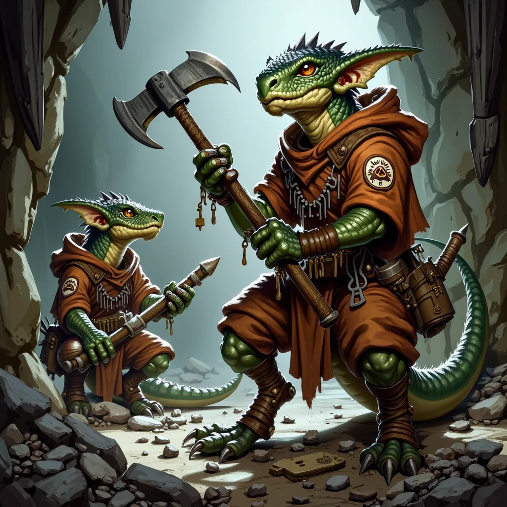 <lora:koboldsv1.0-flux:1> kobolds, fantasy, digital, drawing, humanoid, reptilian, scaly, in a mine mining materials with a pickaxe and wearing a miner's outfit.