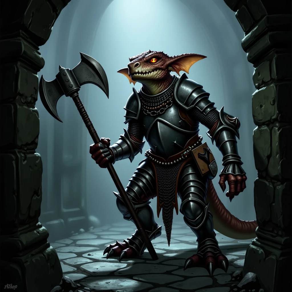 Dark Moody Atmosphere, Dark Fantasy Art, <lora:koboldsv1.0-flux:0.9> kobolds, fantasy, digital, drawing, humanoid, reptilian, scaly, a kobold in the sewers of a city, holding a pike and wearing chain mail armor,ultra quality, ultra detailed, 16k, dynamic poses,, dark, moody, dark fantasy style, dramatic, mysterious, dark moody atmosphere