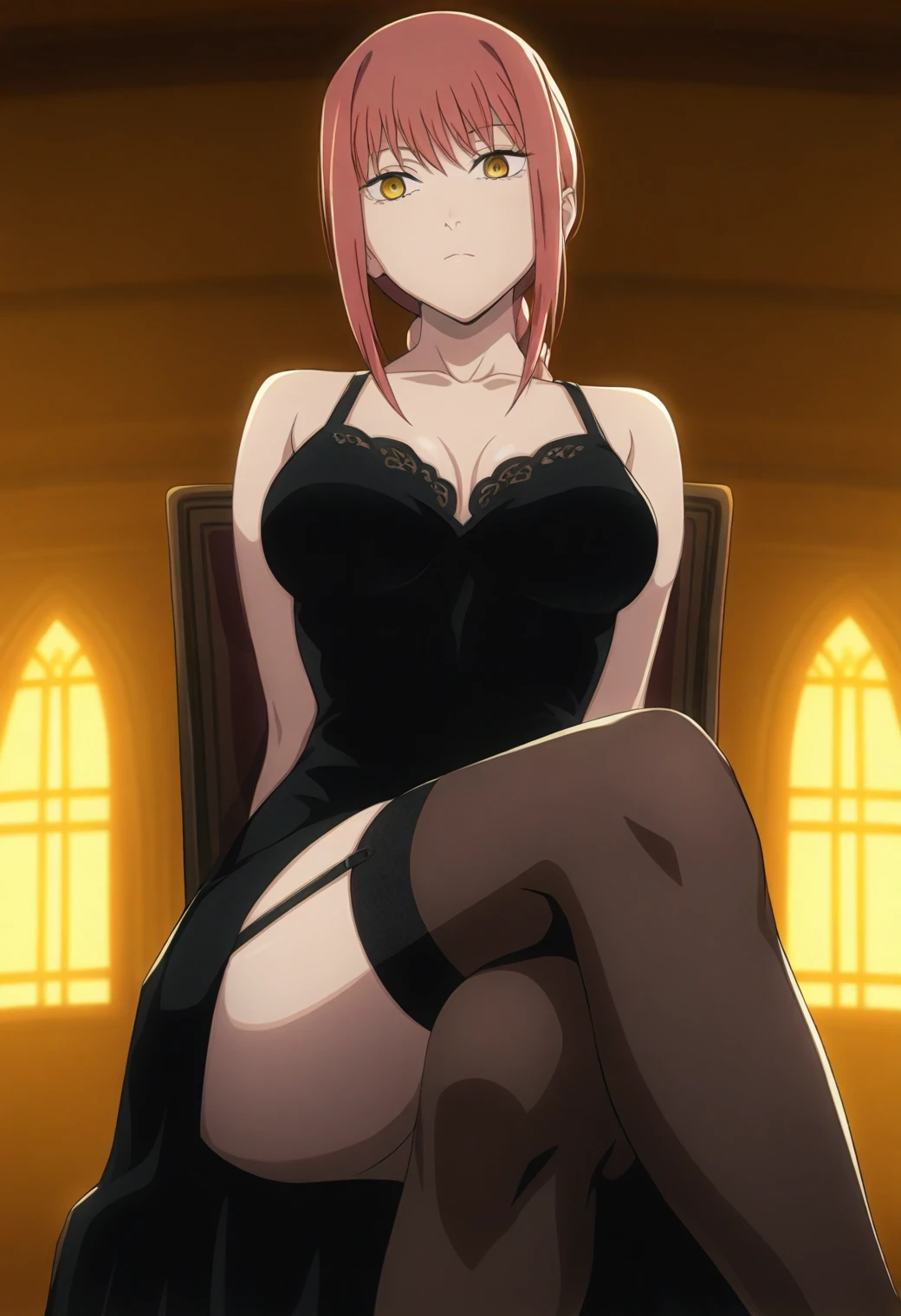 ((Highest quality)), ((masterpiece)), (detailed), prison, One girl, ((bare shoulders)), ((black bustier)), ((black stockings)), ((black g-string)), ((black high heels)), ((black garter belt)), ((black elbow gloves)), ((chair)), ((female sitting in a chair)), ((evil grin)), (((((from below))))), looking at viewer, ass pov, ((((looking down)))), ((stare at viewer with stern eyes)),