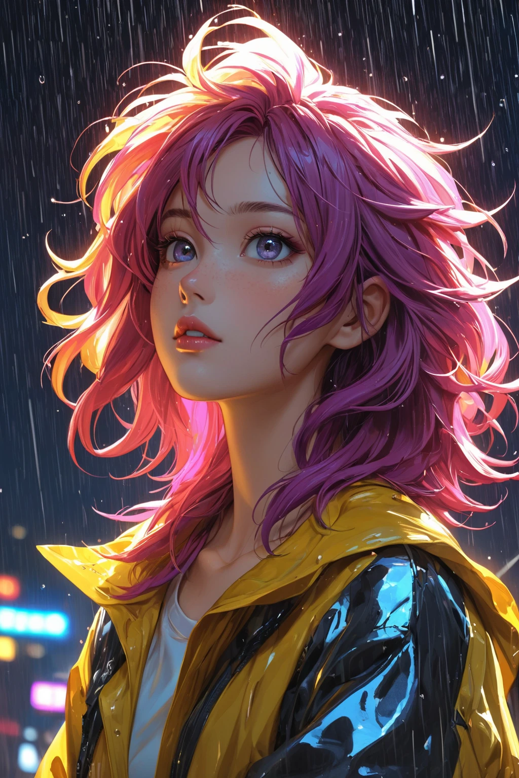 (lofi mature woman, cute), ((((view from below))), dutch angle view), (((dynamic seductive pose, intimate))), ((freckle), gloss shine lips, (((perfect big eyes))), ((long purple messy hair))), (loose yellow jacket, extra white large t shirt), (all wet, (flower), rain, wind), (under the stars, on the roof, cyberpunk, warm red light, reflection, play of light and shadow), ((grainy texture), ultra detailed, ultra realistic)