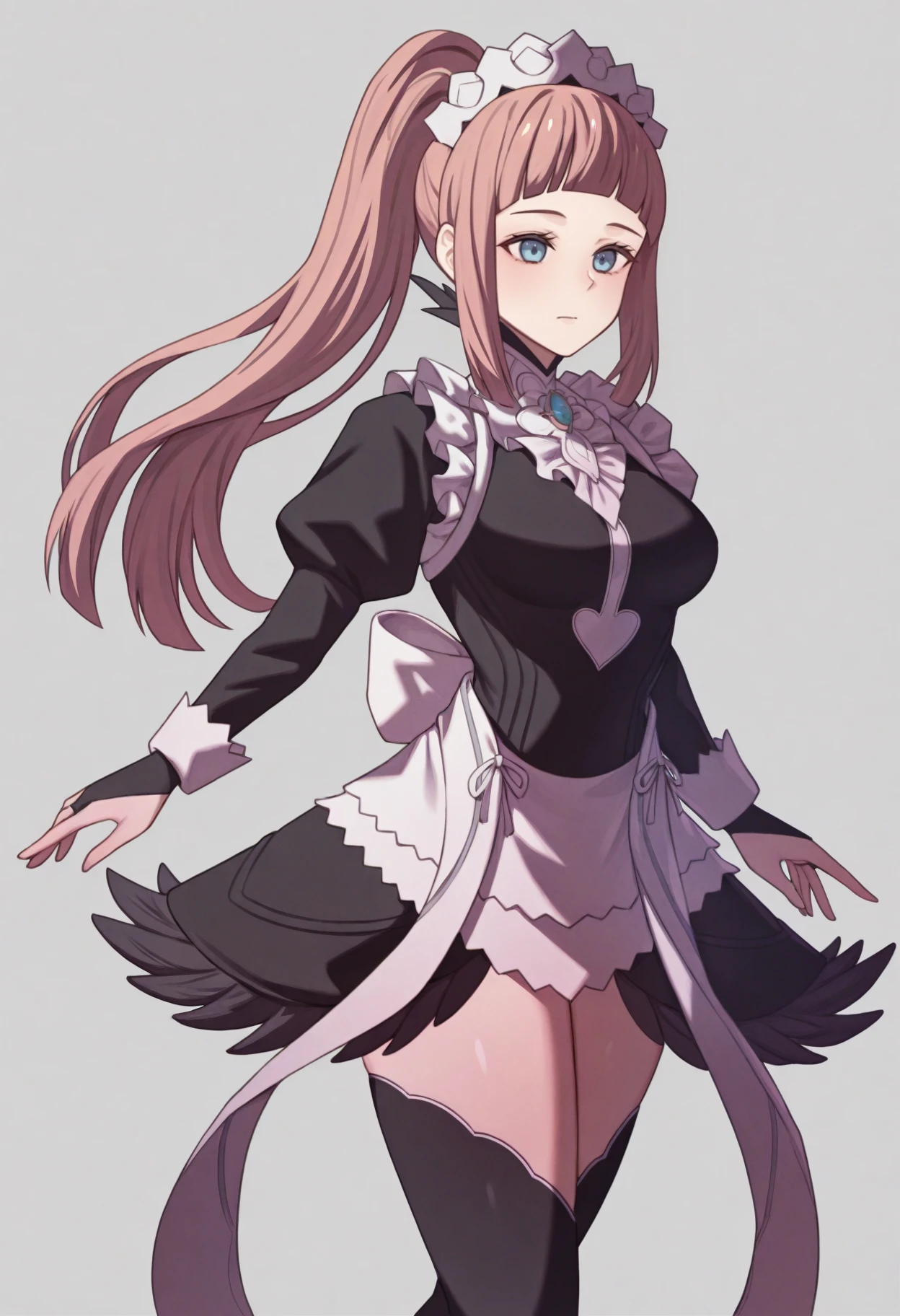 1girl, solo, <lora:hinghoi-artist-richy-v1_ixl:1> <lora:felicia-fe-richy-v1_ixl:1> f1cdf, blue eyes, pink hair, long hair, ponytail, sidelocks, blunt bangs, maid headdress, black feathered collar, blue brooch, medium breasts, maid, juliet sleeves, maid apron, bridal gauntlets, black thighhighs, thighs, standing, white background, simple background