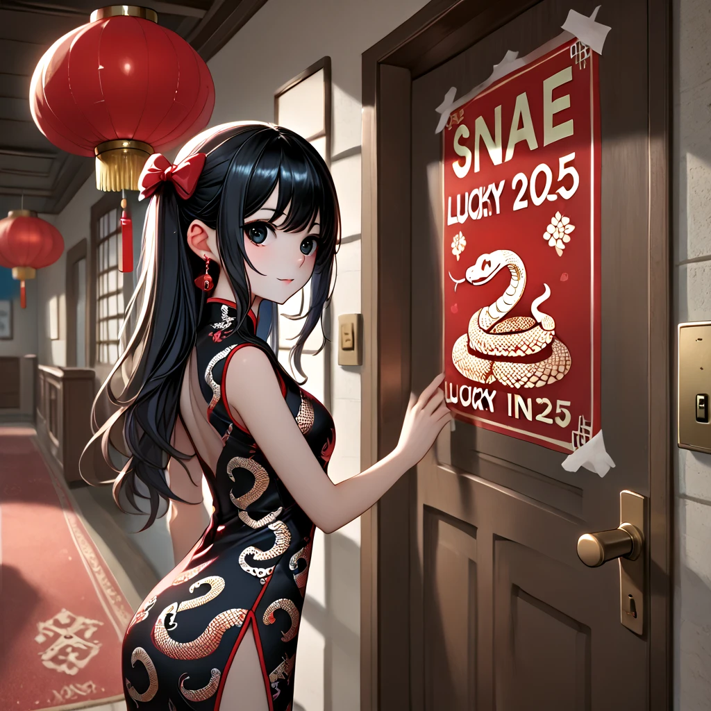 score_9, source_anime, snake year spring couplets, poster parody, against door, lucky in 2025, solo, 1girl, long hair, hair bow, black eyes, black hair, black qipao, sleeveless, side slit, jewelry, earrings, breasts, happy new year, door, doorway, doorbell, doorknob, tile wall, indoors, corridor, walkway, <lora:girllikesnakeyearspringcouplets_pony:1>