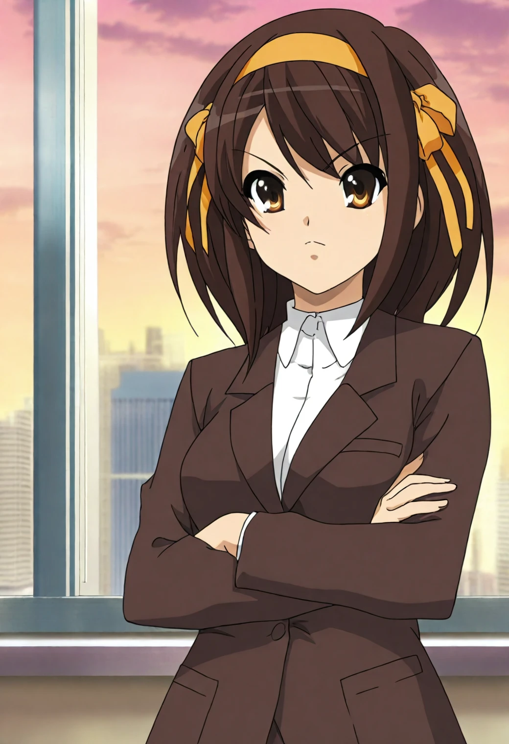 <lora:Haruhi Suzumiya - [The Melancholy of Haruhi Suzumiya] - illustriousXL v1:1>, sysdeep_haruhi,, medium hair, hairband, brown hair, brown eyes, anime coloring, 1girl, solo, indoors, office, window view, cityscape, evening, standing, arms crossed, blazer, confident look
