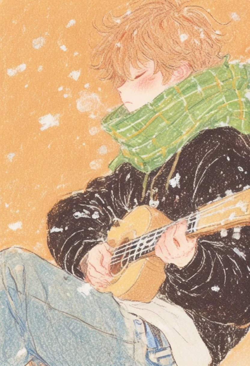 hu99y, score_9,score_8_up,score_7_up, 1boy, solo, bangs, full body, ginger hair, (playing guitar), green plaid scarf, black sweatshirt, blue jeans, snowing, closed eyes, orange background, fog