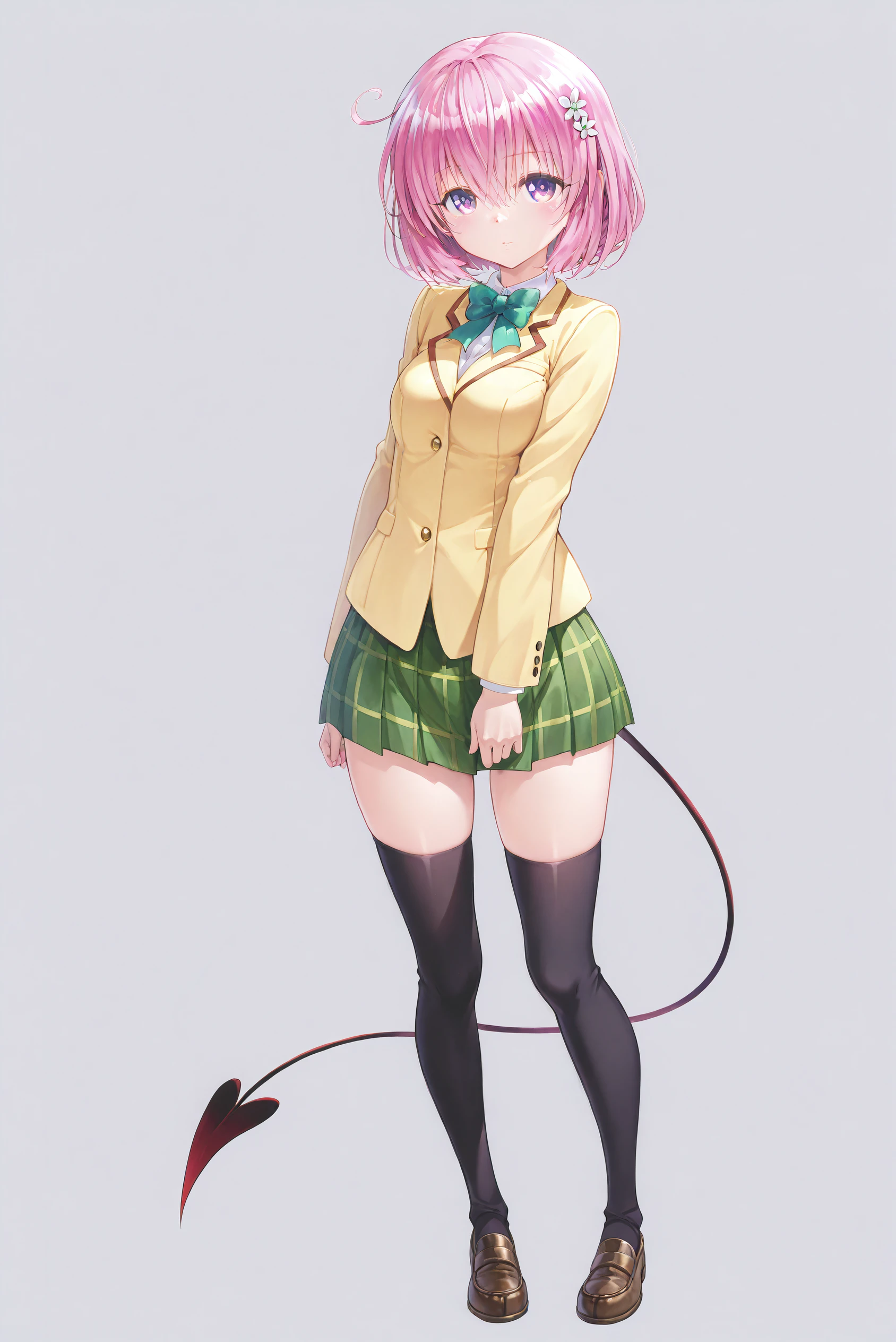 momo velia deviluke,1girl,solo,pink hair,hair flower,tail,short hair,purple eyes,demon tail,medium breasts,
bowtie,sainan high school uniform,long sleeves,yellow jacket,blazer,pleated skirt,green skirt,plaid skirt,zettai ryouiki,black thighhighs,loafers,
standing,looking at viewer,full body,simple background,
masterpiece,best quality,good quality,newest,highres,absurdres,