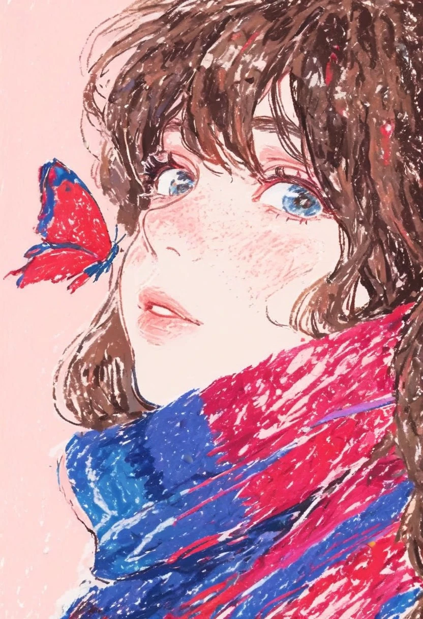 hu99y, 1girl, close-up portrait, red flying butterfly on her nose, bangs, brown hair, long hair, pink background, freckles, red and blue plaid scarf, blue dress