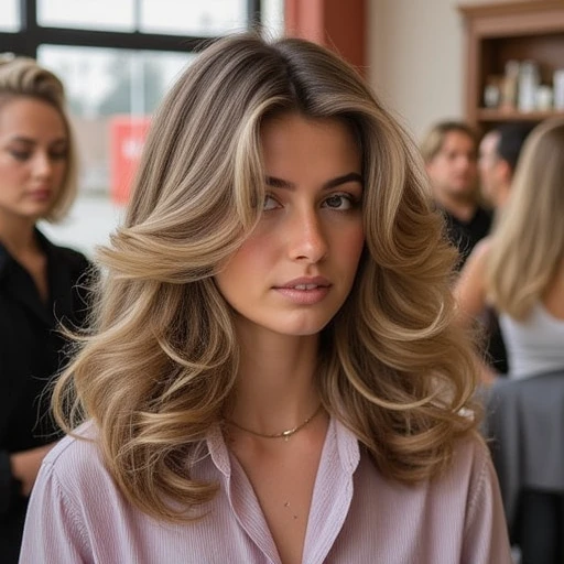 feathered look reminiscent of the 1970s. The hair cascades in soft, brightly lit indoor setting, possibly after a haircut or styling session. She is sitting in a salon chair, giving it a full, suggesting she might be of Mediterranean or Latin descent., softly lit indoor setting. The woman has voluminous, This is a photograph of a young woman with long, retro-inspired look with a slight wave and a lot of body