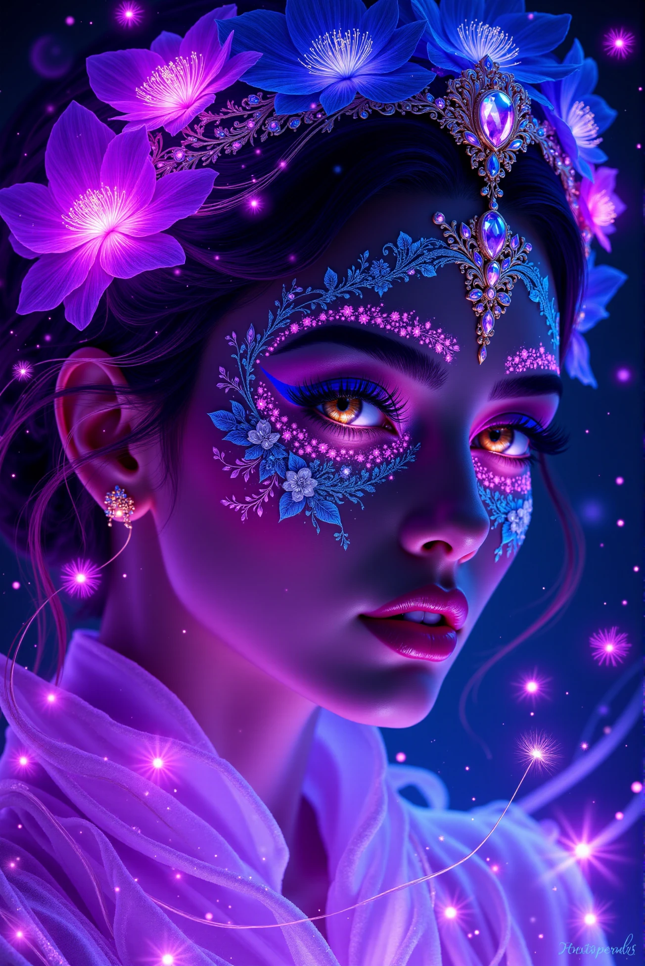 <lora:DGLO_style_v.81:0.6> DGLO style. An enchanting, hyperrealistic portrait of a woman surrounded by an aura of glowing elegance, her features adorned with delicate floral and abstract patterns. Her face is intricately decorated with shimmering black and vivid blue floral designs that weave across her cheeks and forehead, blending with ethereal strokes of glowing magenta and violet. The floral patterns are masterfully detailed, with petals, vines, and swirling accents that give her a celestial, magical presence. Her piercing golden eyes are illuminated with an otherworldly glow, framed by bold, blue-violet eyeshadow and meticulously detailed lashes that enhance her captivating gaze. Her lips, full and softly glossy, reflect the faint light of her bioluminescent surroundings. A stunning headpiece made of layered, translucent petals in shades of silver and blue adorns her hair, crowned with a radiant sapphire centerpiece that shimmers with intricate crystalline details. Her flowing hair glows softly, with strands of violet and white intertwining in luminous waves, blending into the cosmic darkness of the background. Surrounding her are glowing orbs, swirling lines, and abstract particles in vibrant shades of violet, pink, and white, creating a dreamlike atmosphere. Delicate dandelion-like seeds drift through the scene, their glowing trails adding to the ethereal composition. The artwork seamlessly blends hyperrealistic facial features with surreal, glowing embellishments and abstract cosmic elements, resulting in a portrait that feels both grounded in reality and elevated by fantasy. The interplay of vibrant colors, intricate patterns, and radiant light creates a vision of ethereal beauty and mystique.