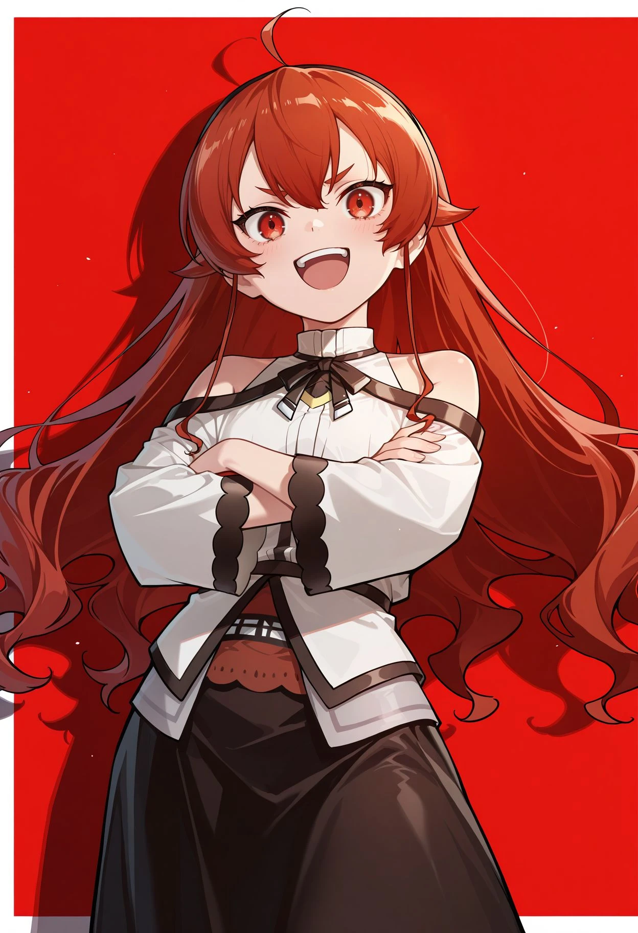 masterpiece, best quality, eris greyrat, 1girl, red flaming eye, red eye trail, flaming eye, eye trail, red eye, (angry), ahoge, bangs, bare shoulders, black hairband, brown skirt, clothing cutout, crossed arms, hair between eyes, hairband, long hair, long sleeves, looking at viewer, red eyes, red hair, shoulder cutout, simple background, skirt, solo, mushoku tensei
<lora:erisMushokuTensei_v1:1>