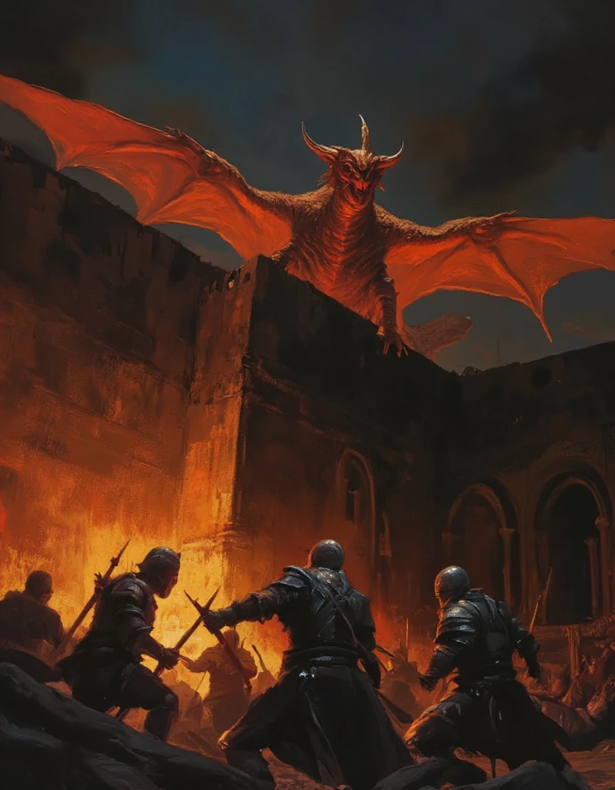 Fantasy painting of a fiery crimson dragon who sprawls across the ancient castle wall, its majestic wings spread wide, casting a dramatic silhouette against the darkening sky. Below, the courtyard is chaos, as armored knights scramble to flee from the beast's piercing gaze, their metal suits glinting in the fading light.
